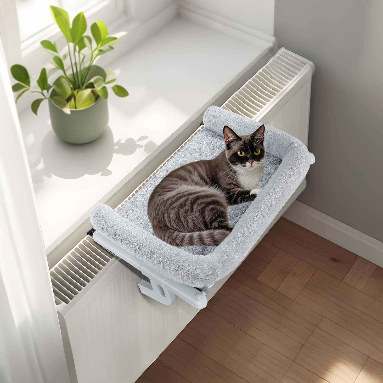 GUUSII HOME Heizungsliege Katzen Katzenliege Balkon Katzenbett für Bettkante Heizung Hängen Liegeplatz Einhängen Bett Hängematte Heizkörper Katze Heizungsliegekatzen 63 * 38cm Halten 18kg(Grau,L)