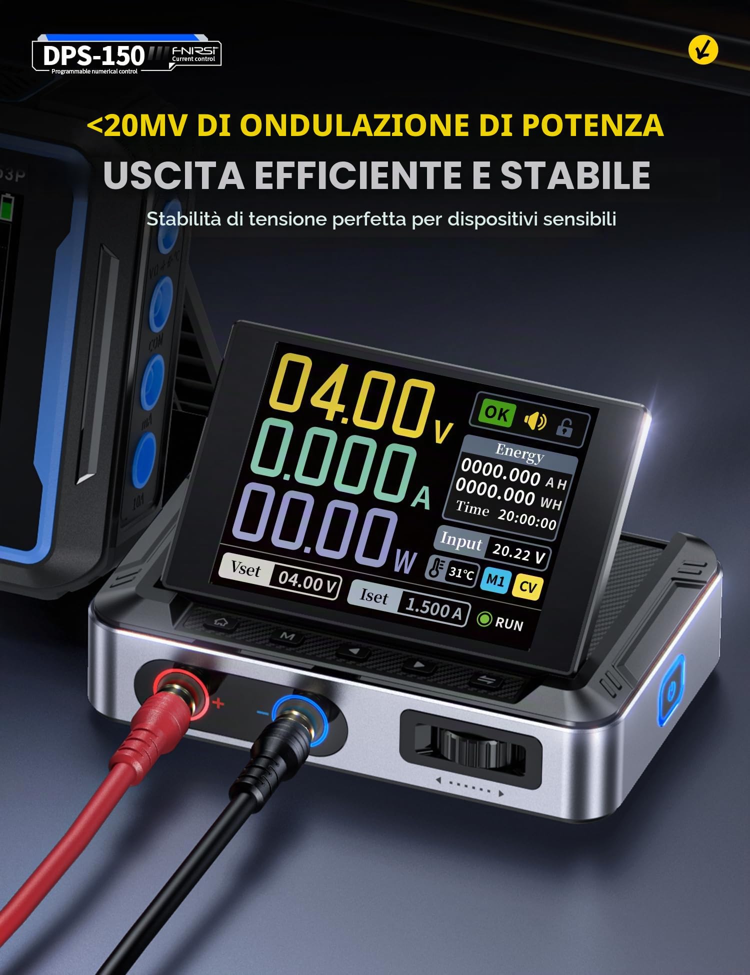 FNIRSI Alimentatore DC DPS-150 variabile, alimentatore CNC DC regolabile 30V 5A con display IPS a 4 cifre, ondulazione di alimentazione <20mV, ingresso PD/QC/DC, alimentatore switching programmabile