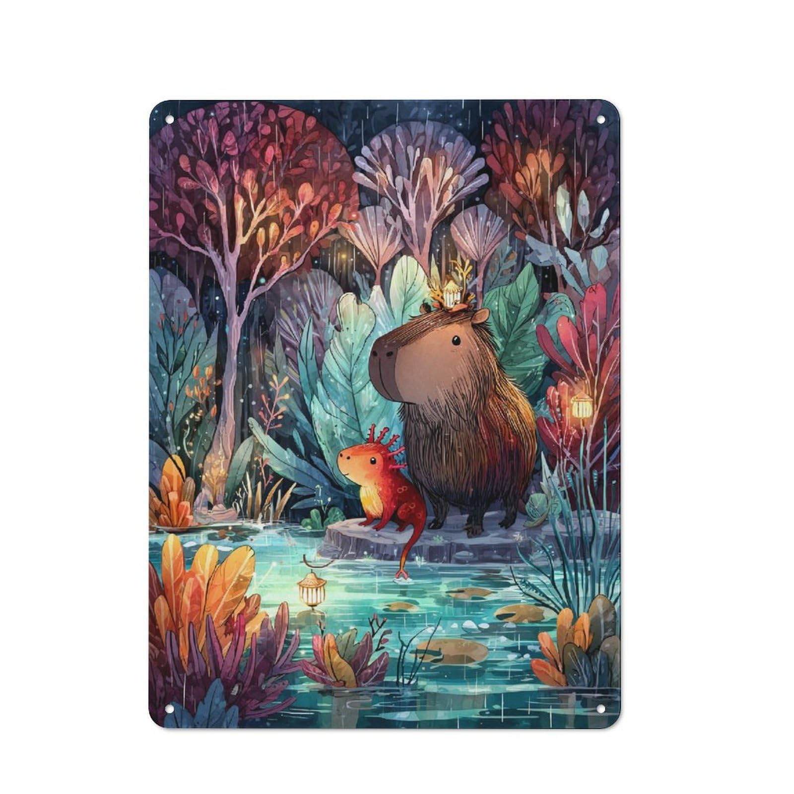 Junmoney Capybara And Axolotl In Enchanted Forest Rustic Metal Wall Sign 40X30cm For Kitchen Or Home Bar, For Garage, Workshop And Man Cave Decoration