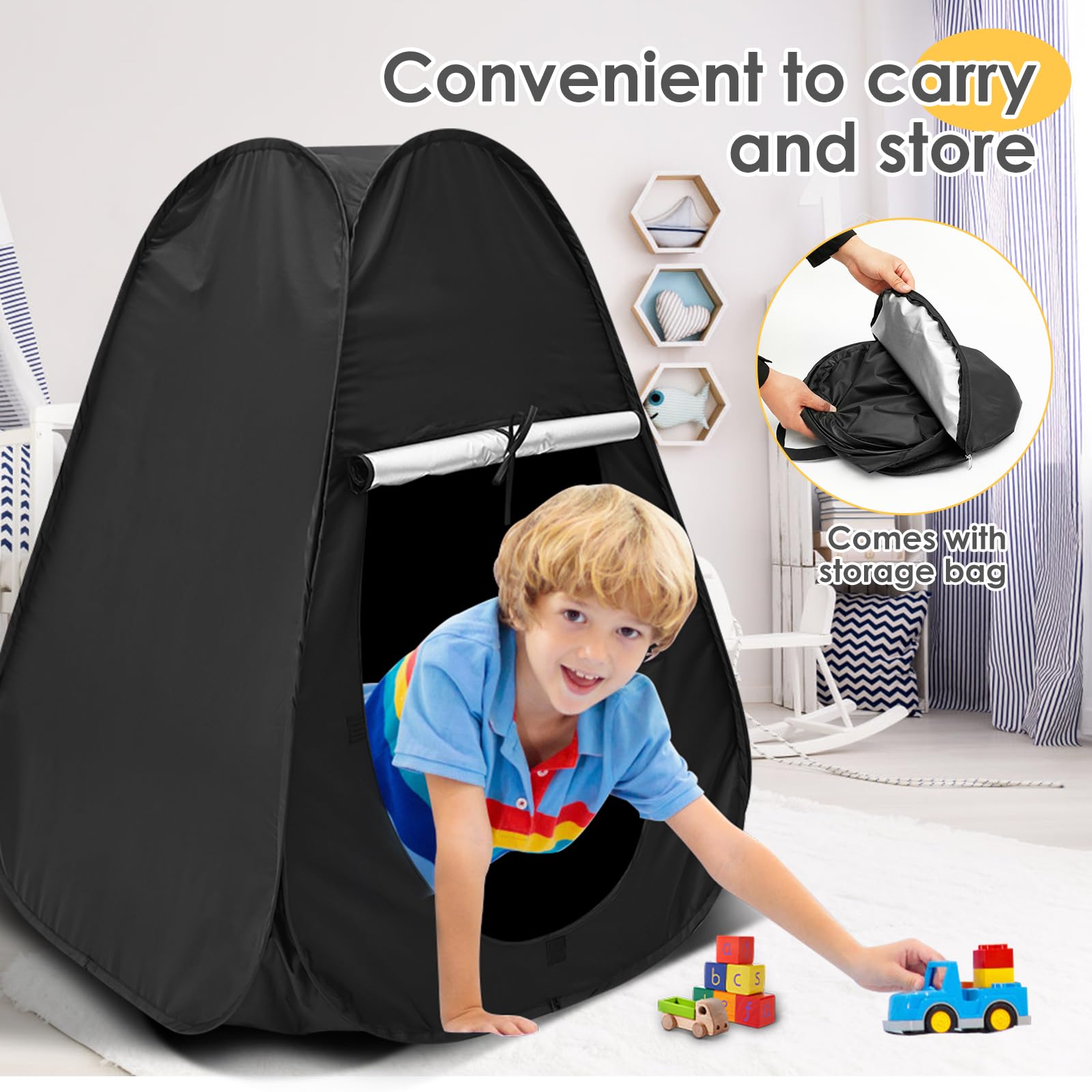 Sensorisches Zelt zum Spielen und Entspannen,Hilfsmittel bei Autismus,SPD,Ängsten,Pop up Höhle mit Reise Tragetasche,Schwarz kinderzelte,Sensory Tent für Zuhause oder Schule