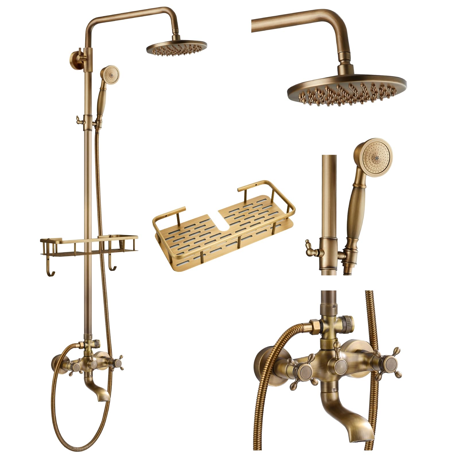 gotonovo 8 inch Rain Shower Head Wall Mounted Exposed Bathroom Shower Faucet Antique Brass with Shower Shelf Double Cross Handles Adjustable Handheld Sprayer Shower System 3 Function with Tub Spout