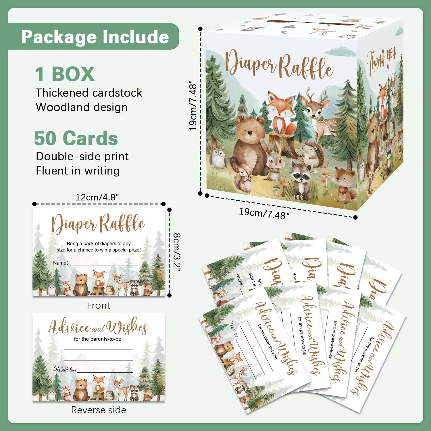 Woodland Baby Shower Decorations Diaper Raffle Box with 50 Tickets Cards for Boy Baby Shower Decorations, Forest Creatures Theme Baby Shower Ideas