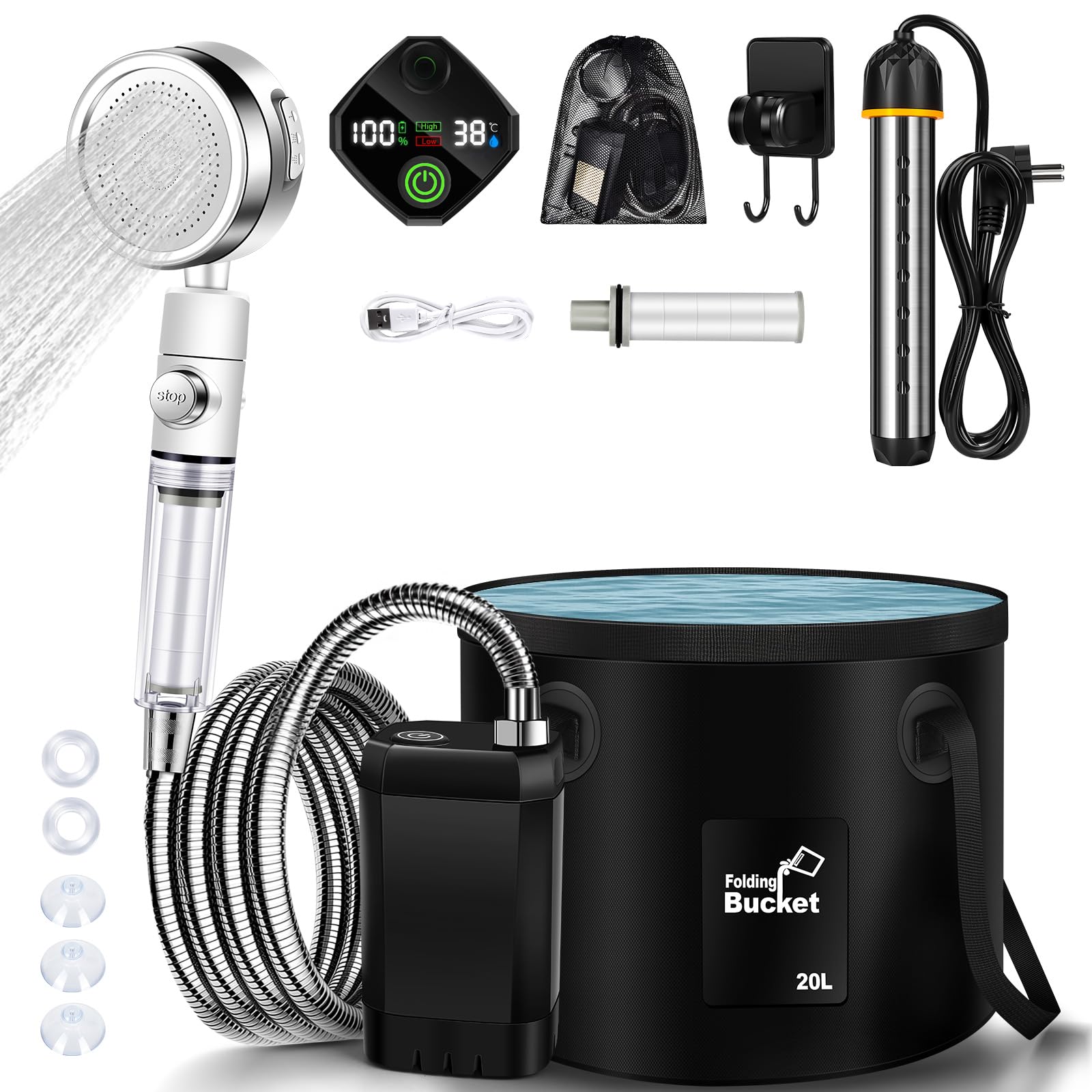 JONRRYIN Douche de camping chauffante, douche mobile d'extérieur avec affichage de la température de 6000 mAh, pommeau de douche filtrable et réservoir d'eau de 20 L pour jardin, lavage de voiture