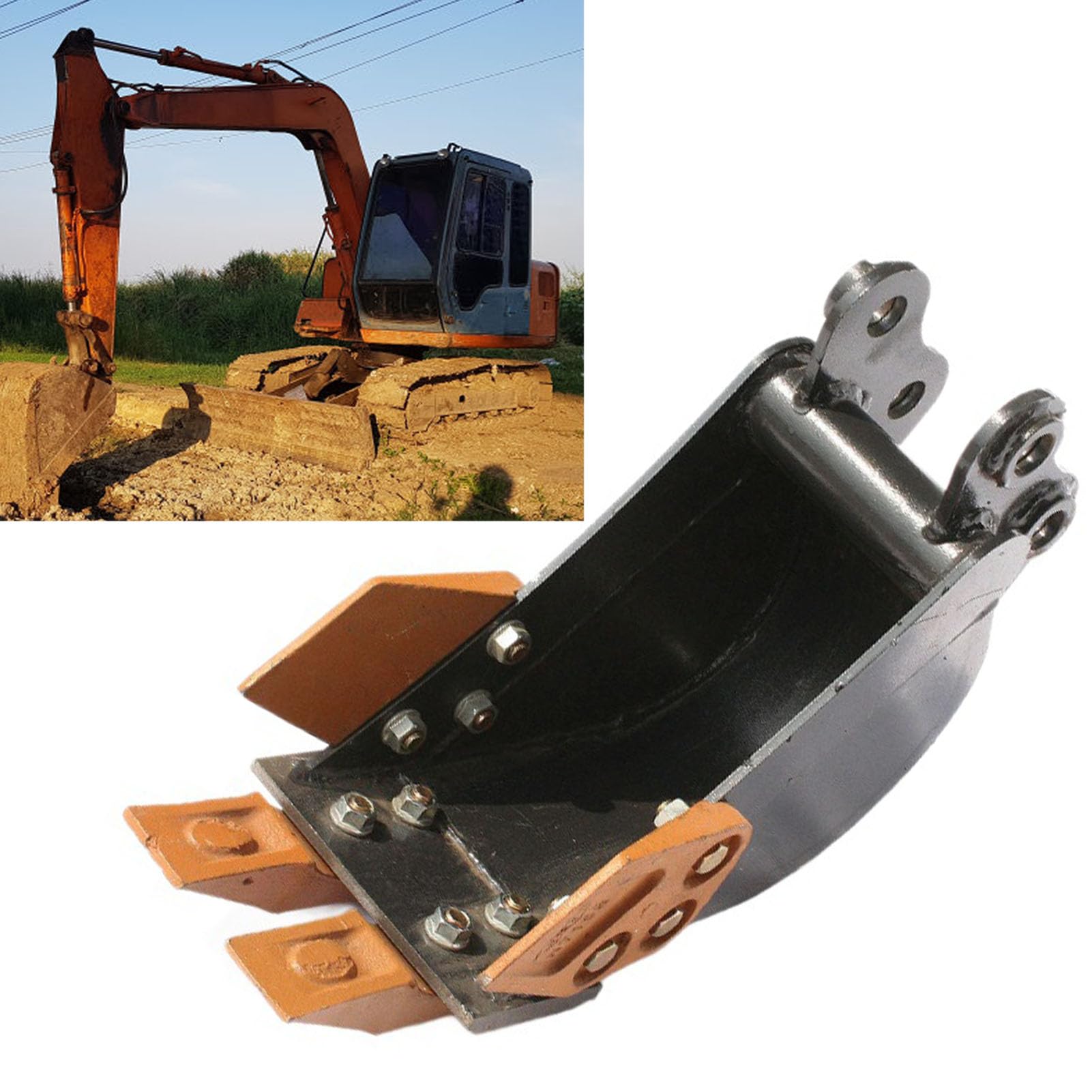 Fockety Minibaggerlöffel, 7,87 Zoll/200 Mm Schmaler Grablöffel mit Metallzähnen und 2 Stiften, Lochdurchmesser 0,98 Zoll Grabenbagger für Bis zu 2 Tonnen Minibagger-Anbaugeräte