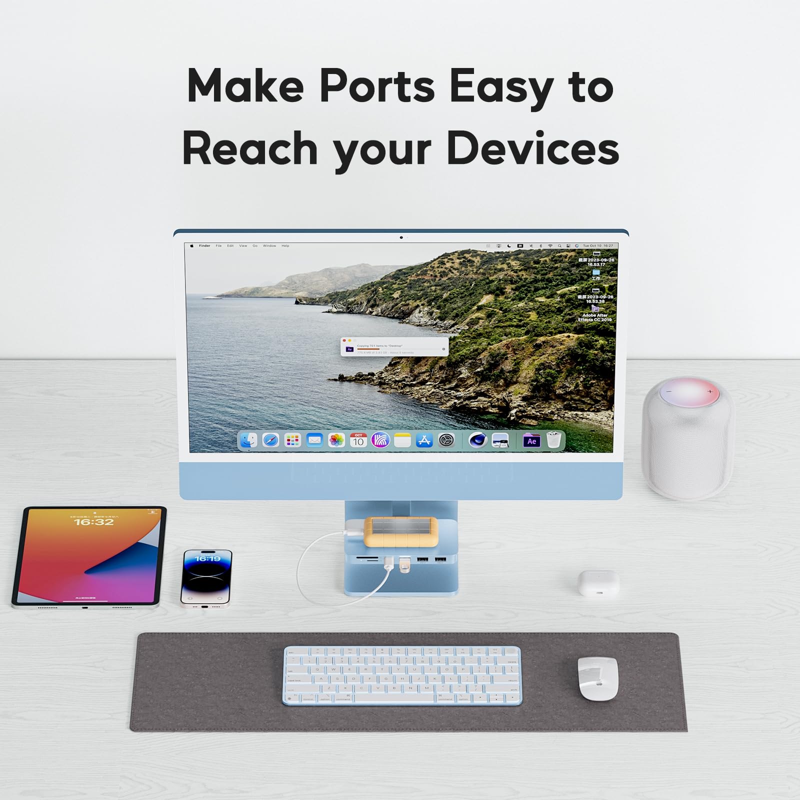 iMac Accessories for i-Mac 2021/2023/2024, PULWTOP USB C Hub for iMac with USB A/C 10Gbps, Hub for M1/M3/M4, 2USB A 2.0, SD/TF Card Reader for iMac24 inch & Studio Display 2 Blue