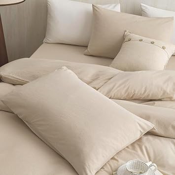 KAREVER Beige Comforter Twin Washed Cotton 3 PCs 100% Cotton Bedding Set Brighter Khaki Twin Size Comforter Set
