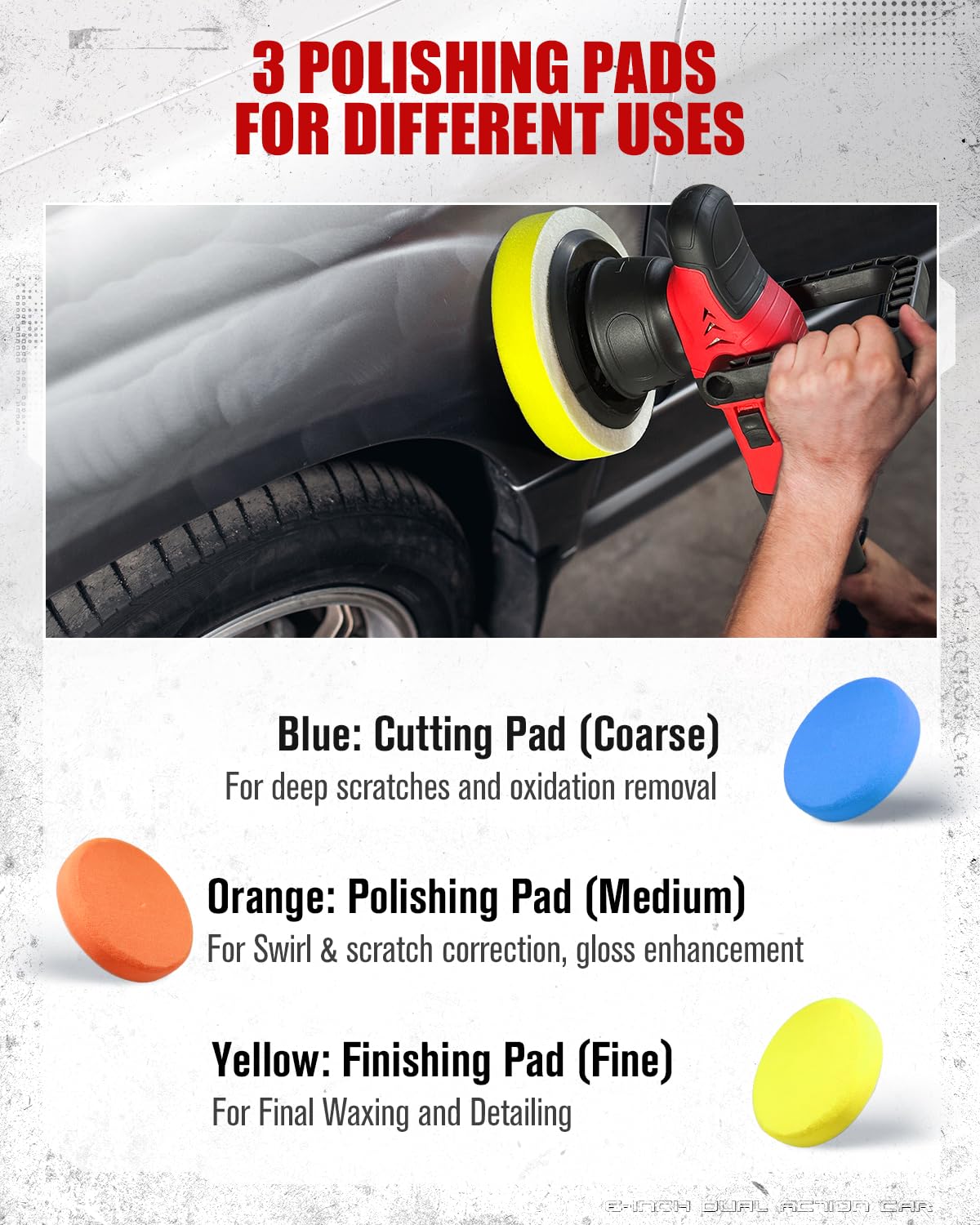 AVID POWER Pulidora orbital de doble acción para coche, pulidora orbital de 6 pulgadas para detalles de automóviles con 6 velocidades variables, mango desmontable y 3 almohadillas de pulido