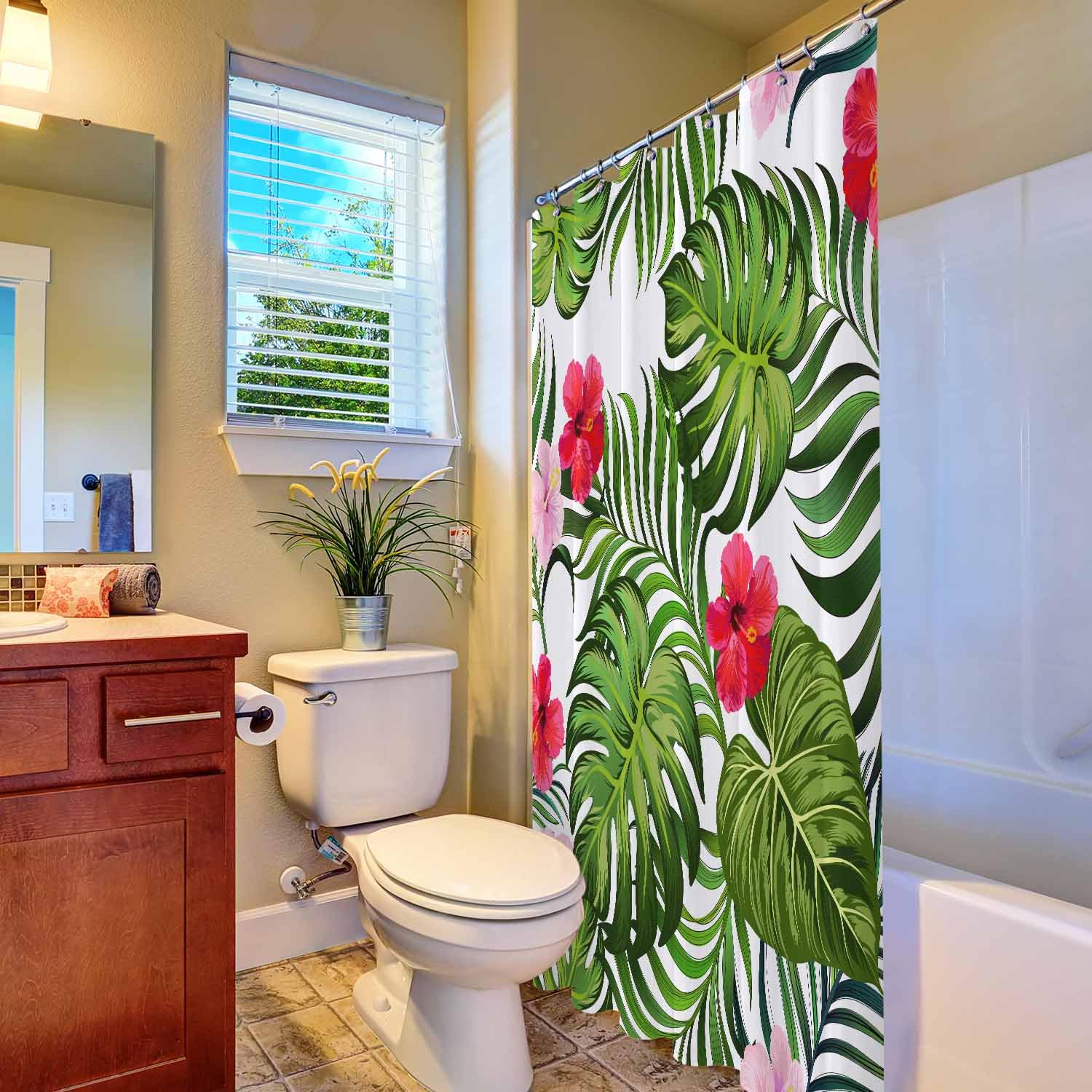 Woutay Shower Curtain Mould Proof Resistant Tropical Green Palm Leaves and Hibiscus Flower,Water Repellant Fabric,Polyester,with 12 Plastic Hooks,Size 180x180CM - Image 4