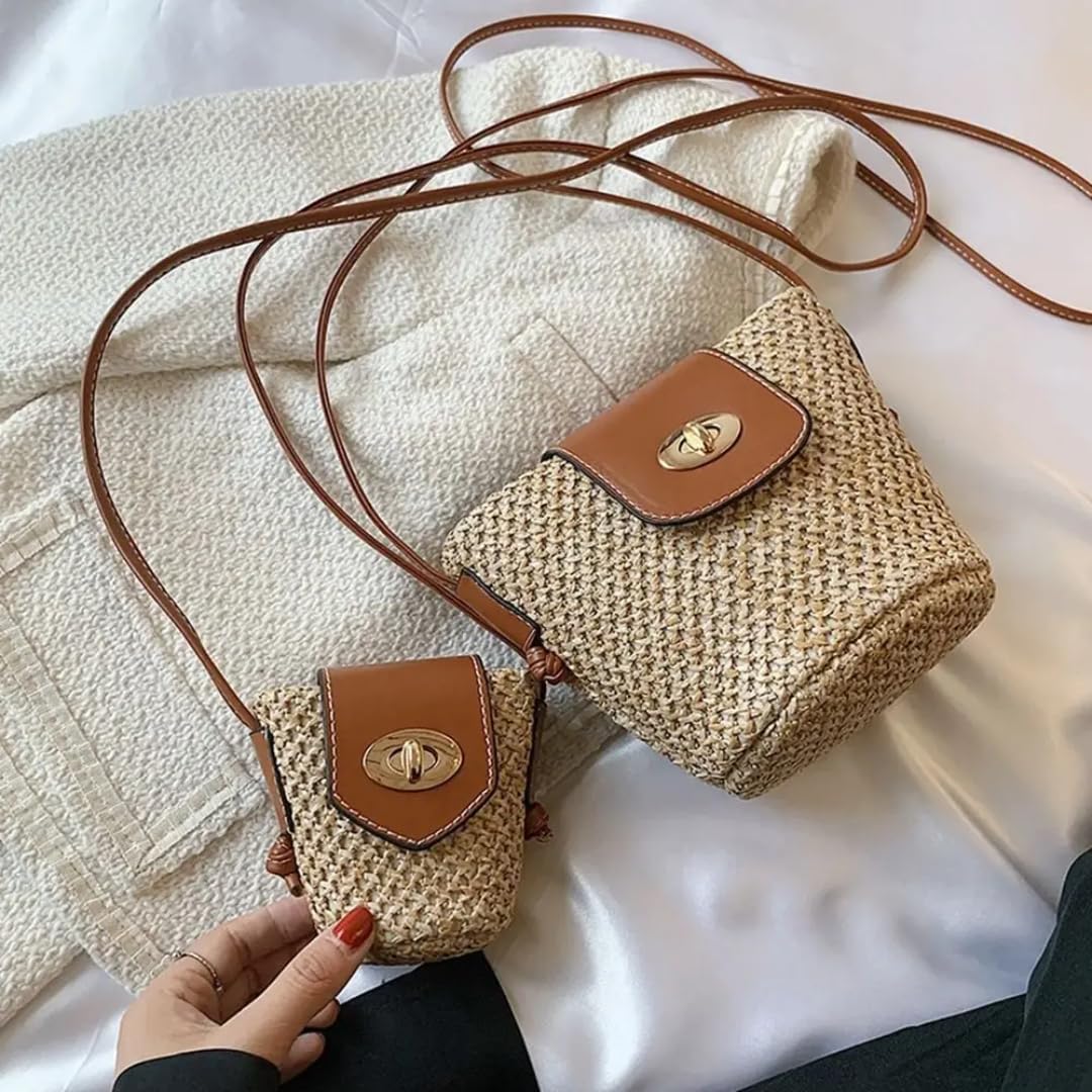 Strohtasche Trendige handgemachte Bohemien-Style Crossbody-Tasche Beach für Frauen(L)