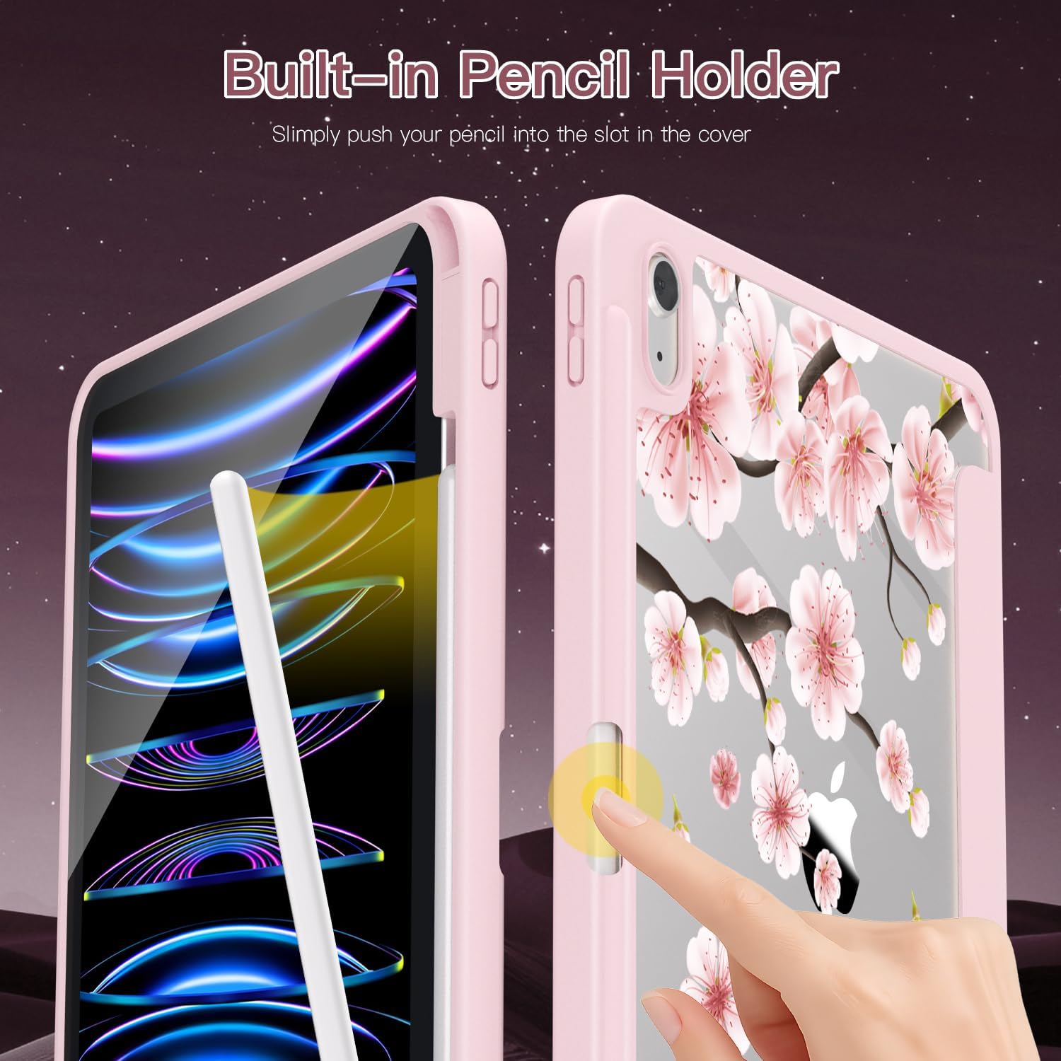 Teryeefi for iPad (A16) 11th Generation Case 11 Inch 2025 Release, for iPad 10th Generation 10.9 Inch 2022, Protective Shell with Pencil Holder, TPU+Crystal Hard Back Cover,Cherry Blossoms