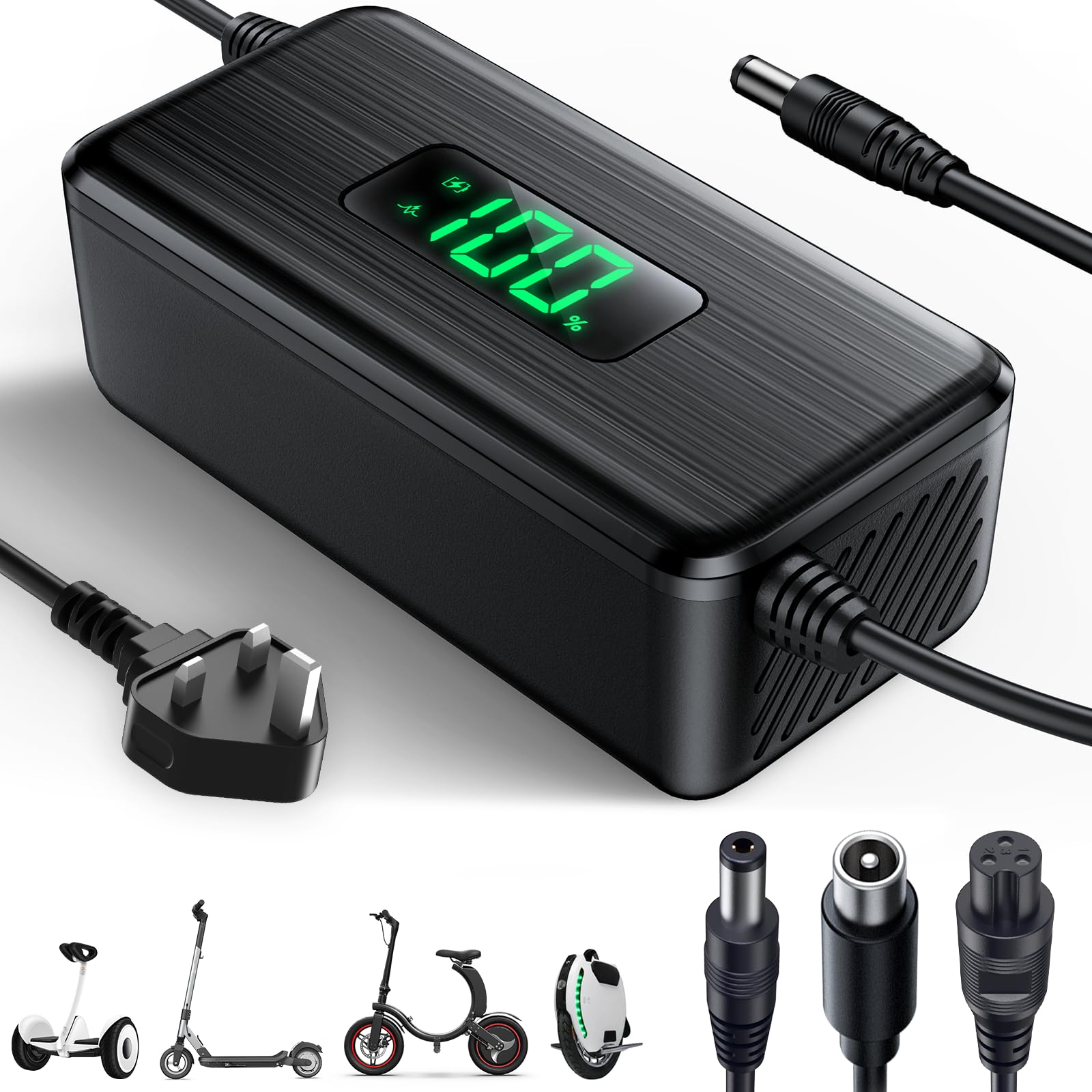 42V 2A Electric Scooter Charger with LED Charging Display (1-100%), for Hoverboard with 4 Connectors, UK Universal Charger for All 36V Batteries, 6 Layer Protection, for N-inebot,Xiaomi