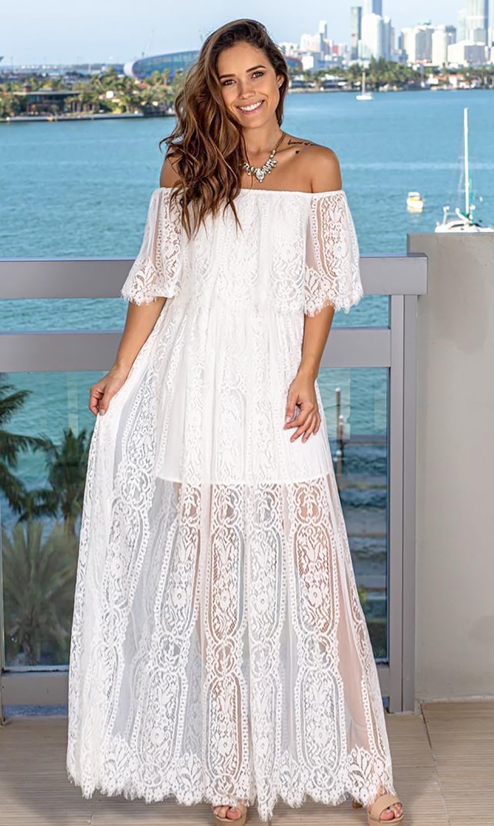 MERMAID'S CLOSET Schulterfreies Maxikleid für Damen, Blumenspitze, Boho, fließend, für Hochzeit, Gast, formelle Party, lange Kleider für Frühling