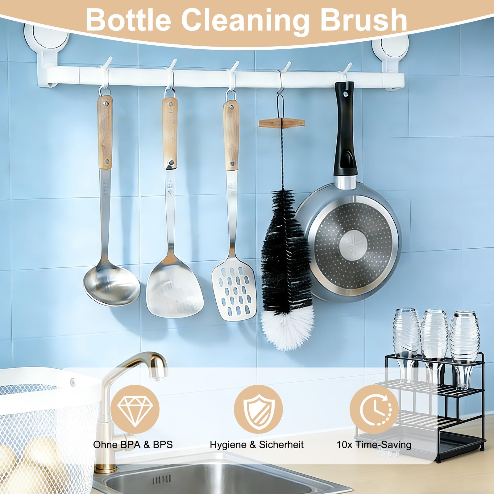 Cepillo Limpia Botellas por Dentro 3 Piezas, Cepillo Botellas Cristal Agua Compatible con Sodastream, Cepillo Botella 35 cm para Limpiar Botellas de Vidrio, Soda y Biberones sin Rayar Uso Diario Hogar