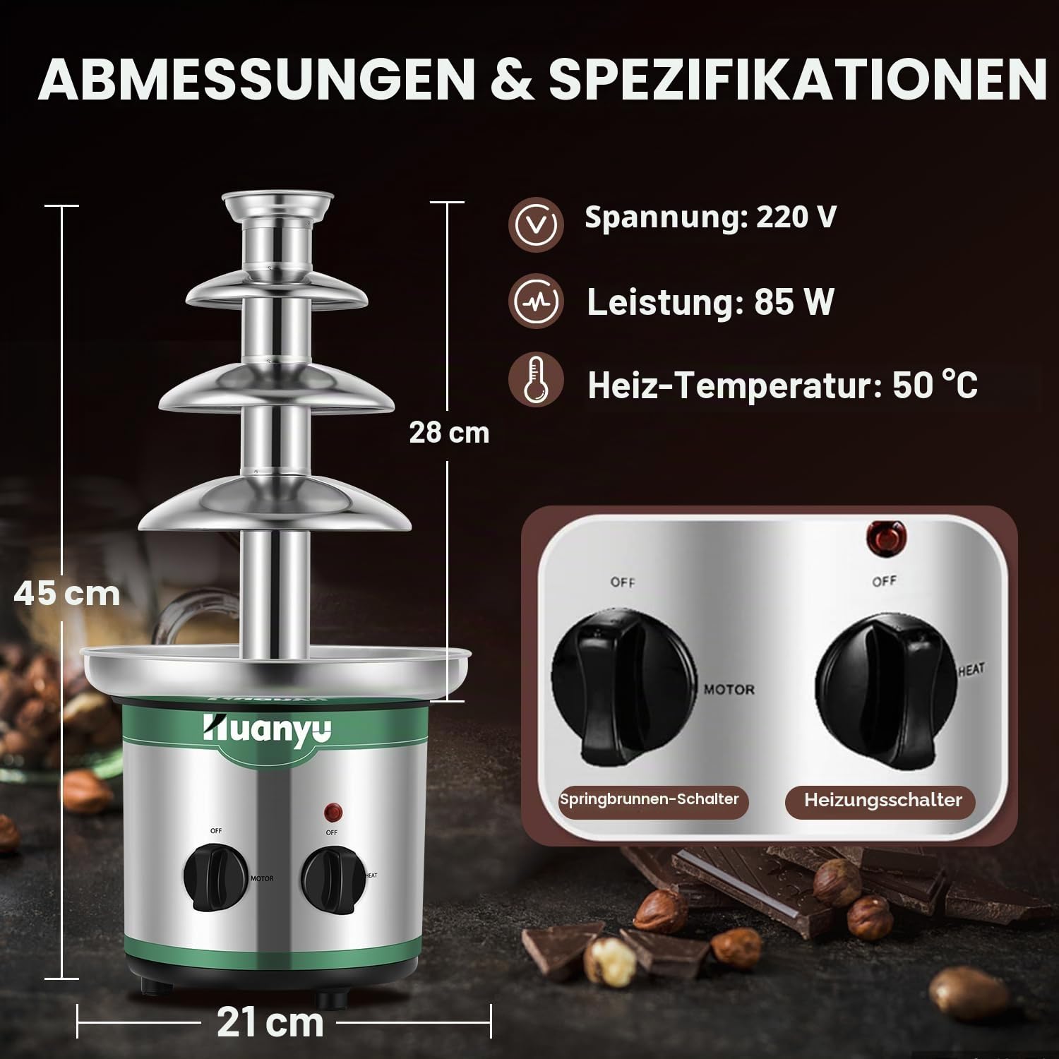 Huanyu 4-stufiger Schokoladenbrunnen, große Fondue-Sets für Schokolade, elektrische Schokoladenbrunnenmaschine, Schokoladenfondue-Set für Party, Hochzeit und Geburtstag