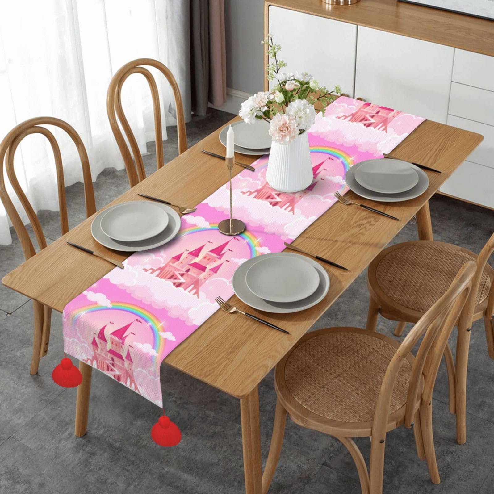 Chemin de table de Noël avec pompon 150 cm pour déco de cuisine et grande table de fête
