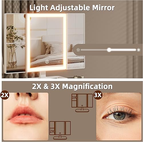 Miniatura 4 de Small Makeup Vanity Desk 27.5''W with Mirror and Lights, Vanity Desk with 3 Fabric Drawers and Height-Adjustable Stand, Vanity Table for Girls