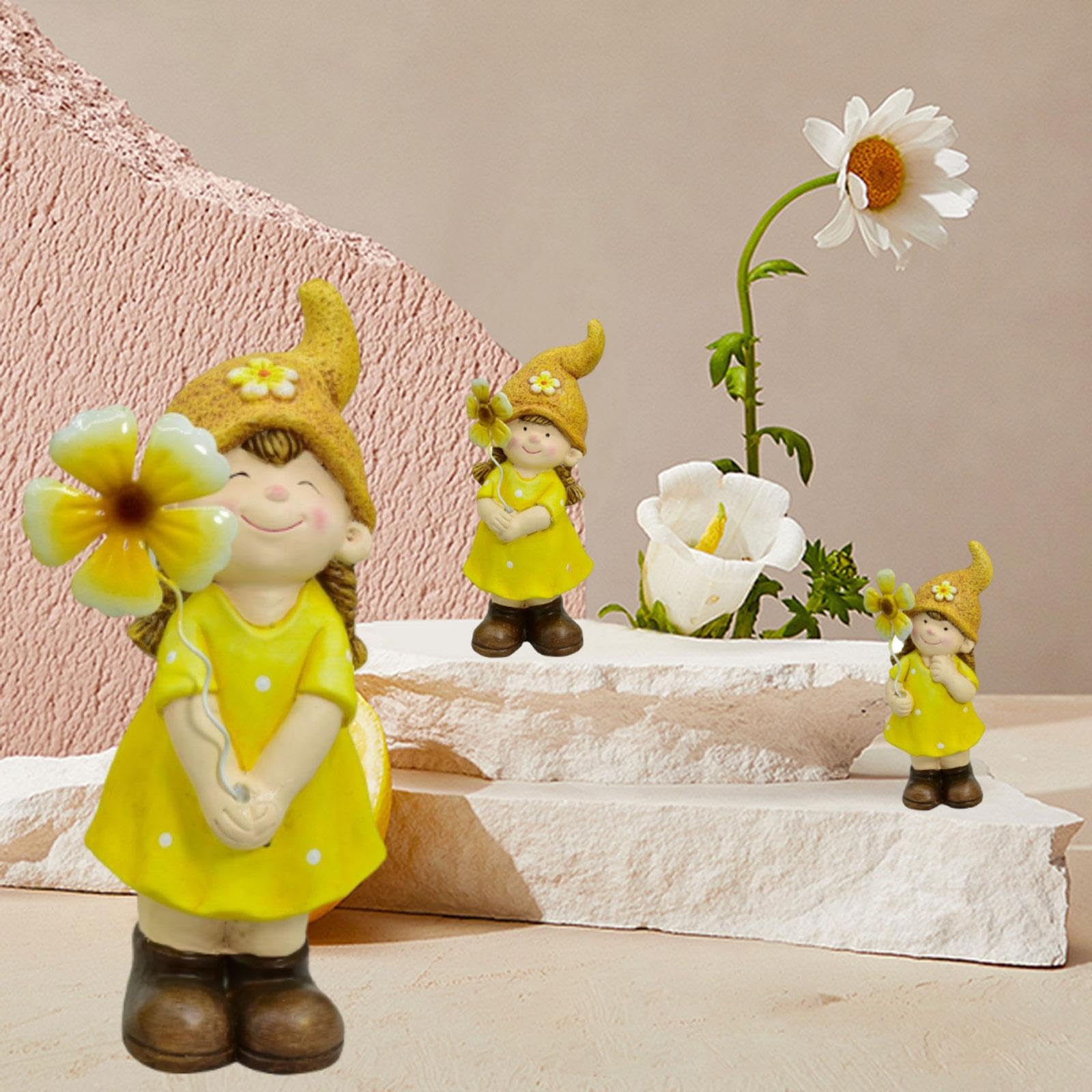 3 Piezas Duende Estatuas Gnomo Figuras Decorativas Ornamentos de Cerámica para Decoración Exterior Jardín Patio Boda Fiesta Regalo, Chicas, Individual