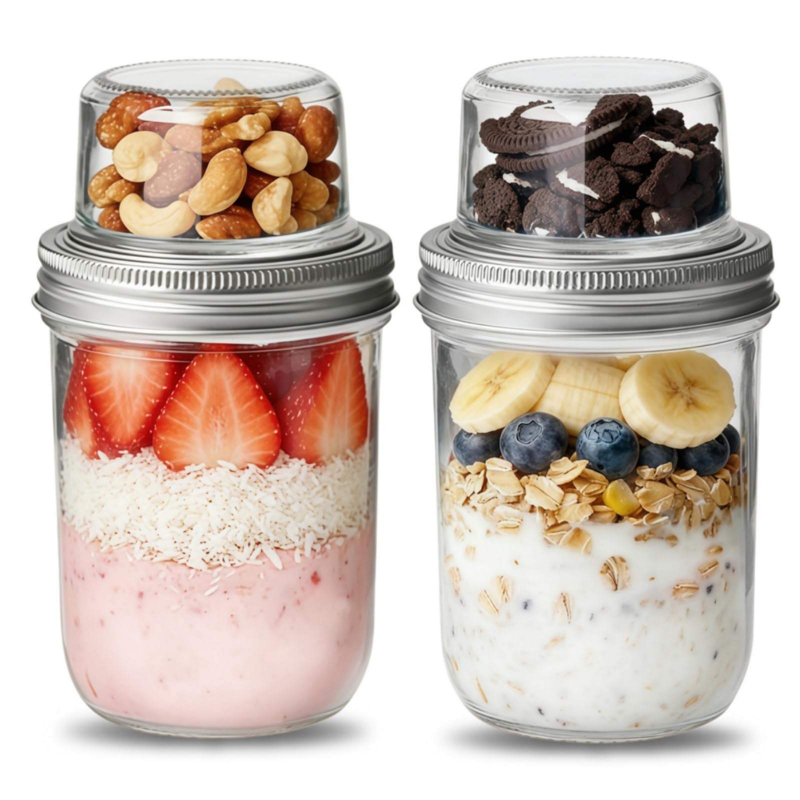 Siocok Transparent 2 Pack Glass Overnight Oats Jar With Lids, 100Ml+500Ml Glass Overnight Oats Container, Dual-Layer Yogurt Pots For Dry-Wet Separation, For Yogurt Cereal Fruit, Salad, Reusable Mason Jars