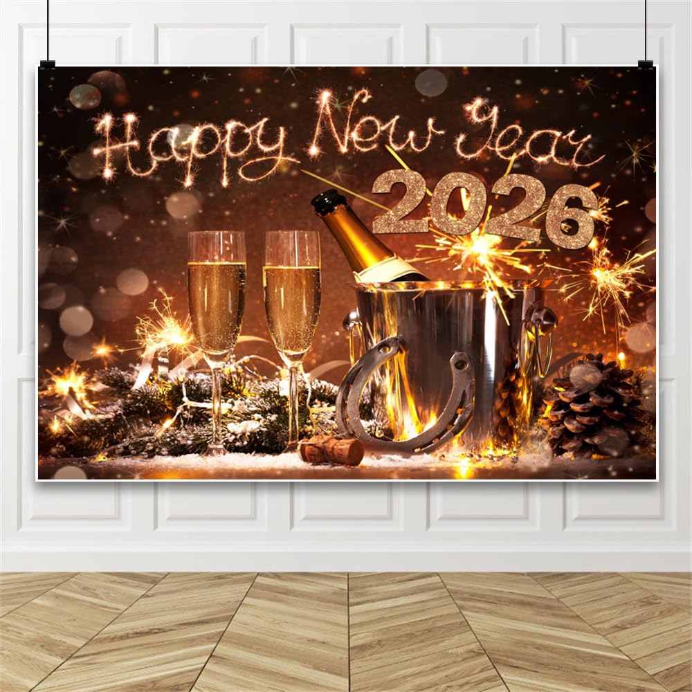 DORCEV 8x8ft Happy New Year 2026 Backdrop for Photography Bokeh Firework Champagne Bucket Horseshoes Background Christmas New Year Eve Winter