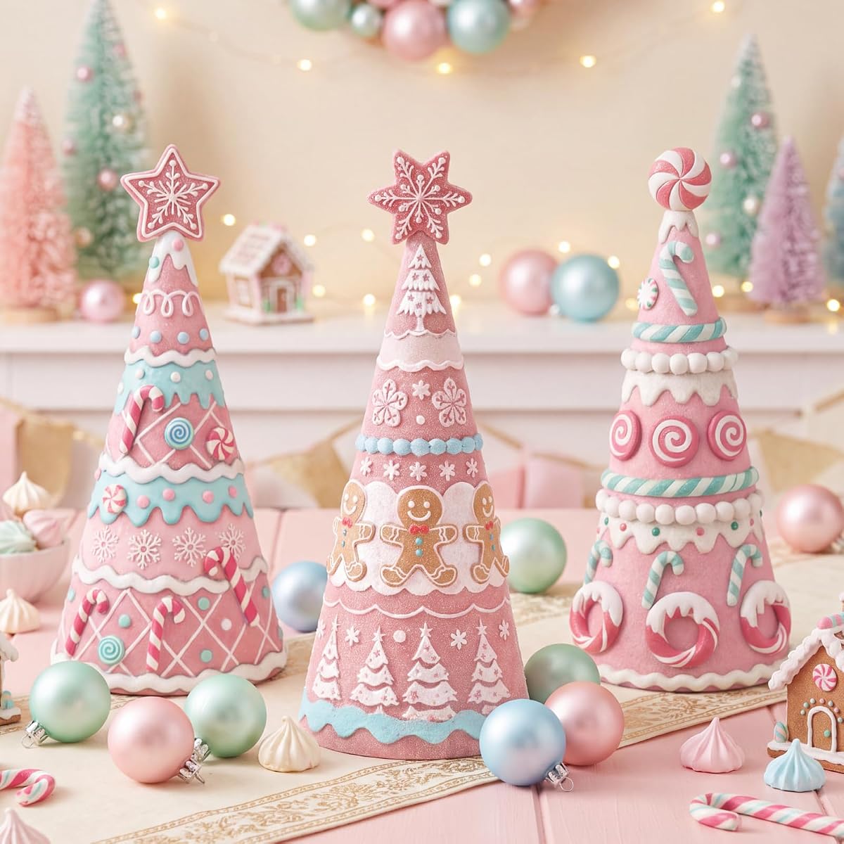 Simgoing 3 Pcs Pink Gingerbread Christmas Tree Figurines Pastel Table Decor | Resin Christmas Cone Tree Gingerbread Statues, Cute Xmas Centerpieces for Table Tiered Tray Mantel Shelf, Holiday Home Gifts