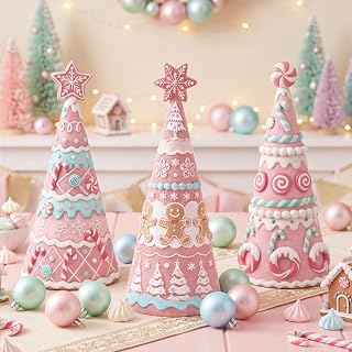 Simgoing 3 Pcs Pink Gingerbread Christmas Tree Figurines Pastel Table Decor