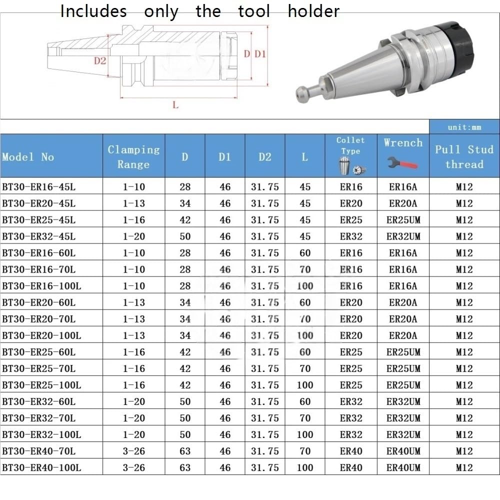 Titular Portaherramientas BT ER de alta precisión 0,002 mm, for cabezal fresadora/torno CNC (1 unidad)(30 * 25 * 70)