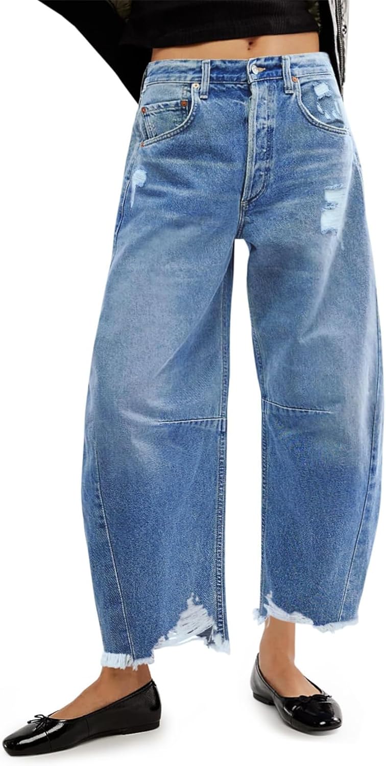 Women's High Waisted Barrel Horseshoe Baggy Jeans Cropped Boyfriend Wide Leg Raw Hem Denim Pants Y2K Loose Balloons Jean