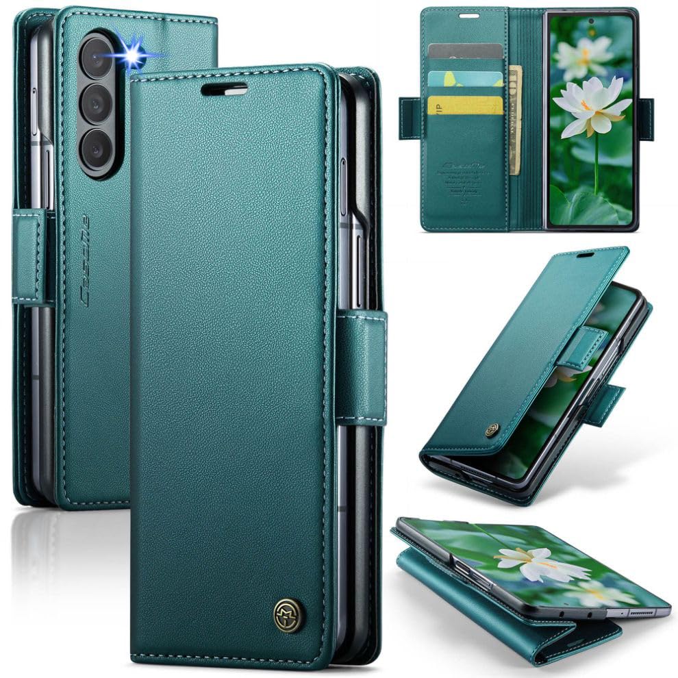 Étui portefeuille similicuir Galaxy Z Fold 6 vert mince aimanté anti-RFID