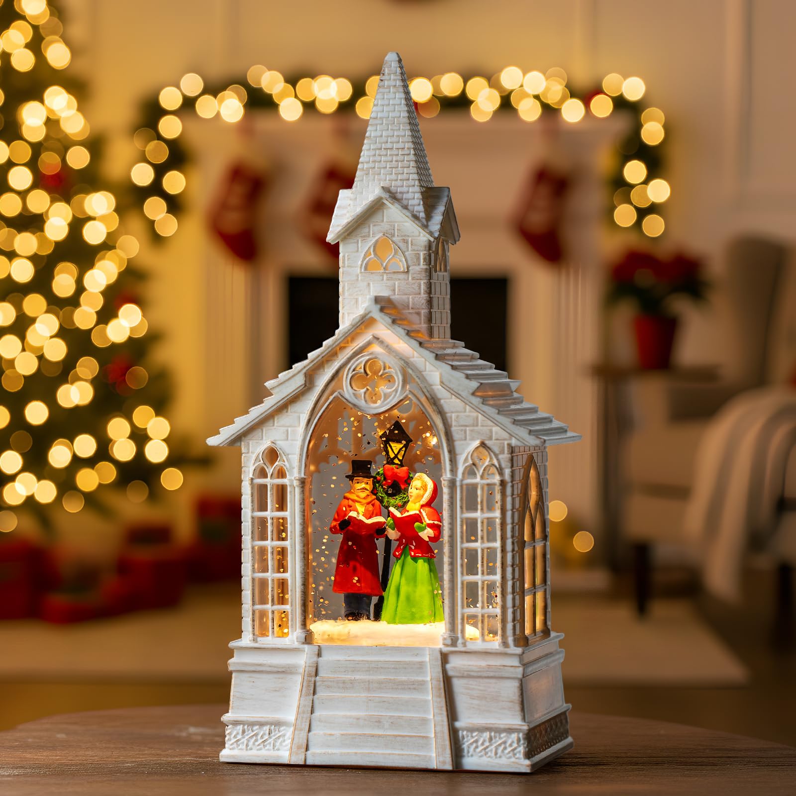 Christmas Snow Globe Lantern Musical Carolers Lighted Water Church, USB Lined/Battery Operated Lighted Lantern for Christmas Festival Decoration Gifts