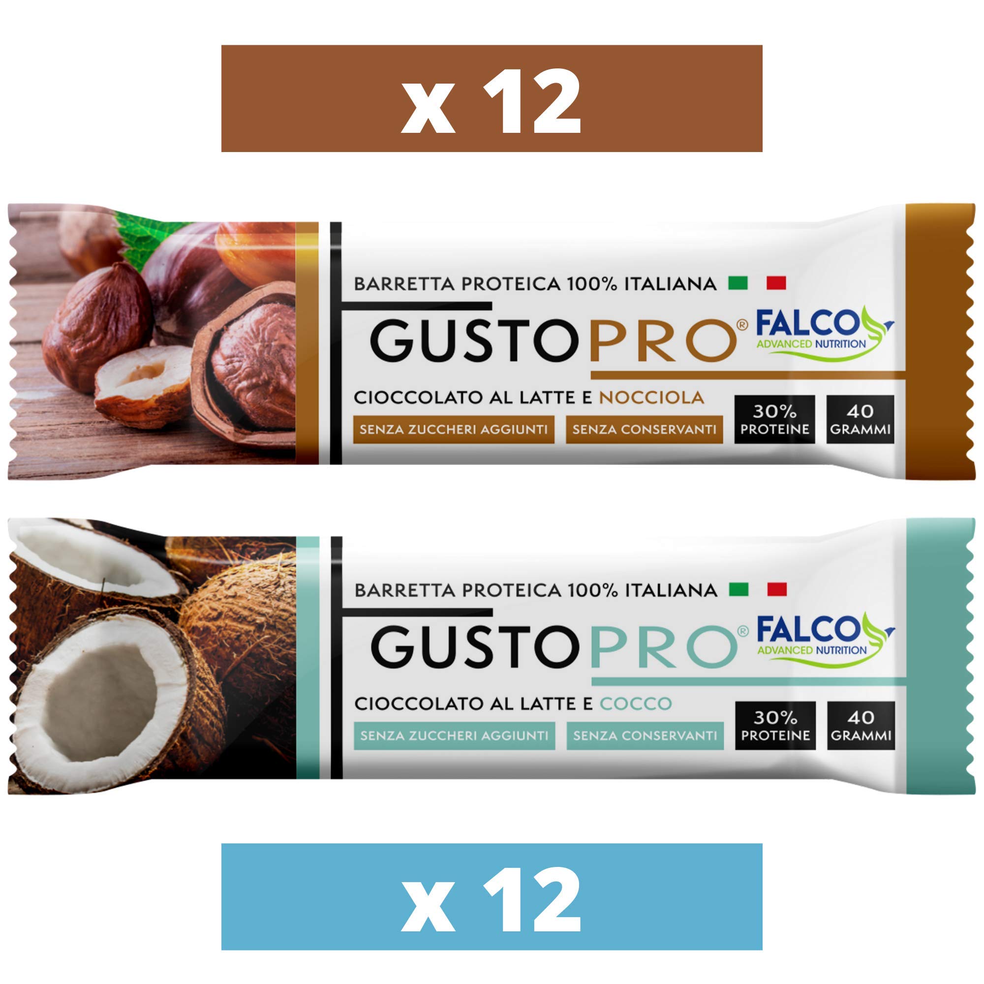GUSTOPRO BOX LATTE 24 – Barrette Proteiche Senza Zucchero, Croccante, Puro Cioccolato al Latte con Cocco/Nocciola, 30% di Proteine Del Siero del Latte (Whey Protein) (24x40g) (12 per gusto)