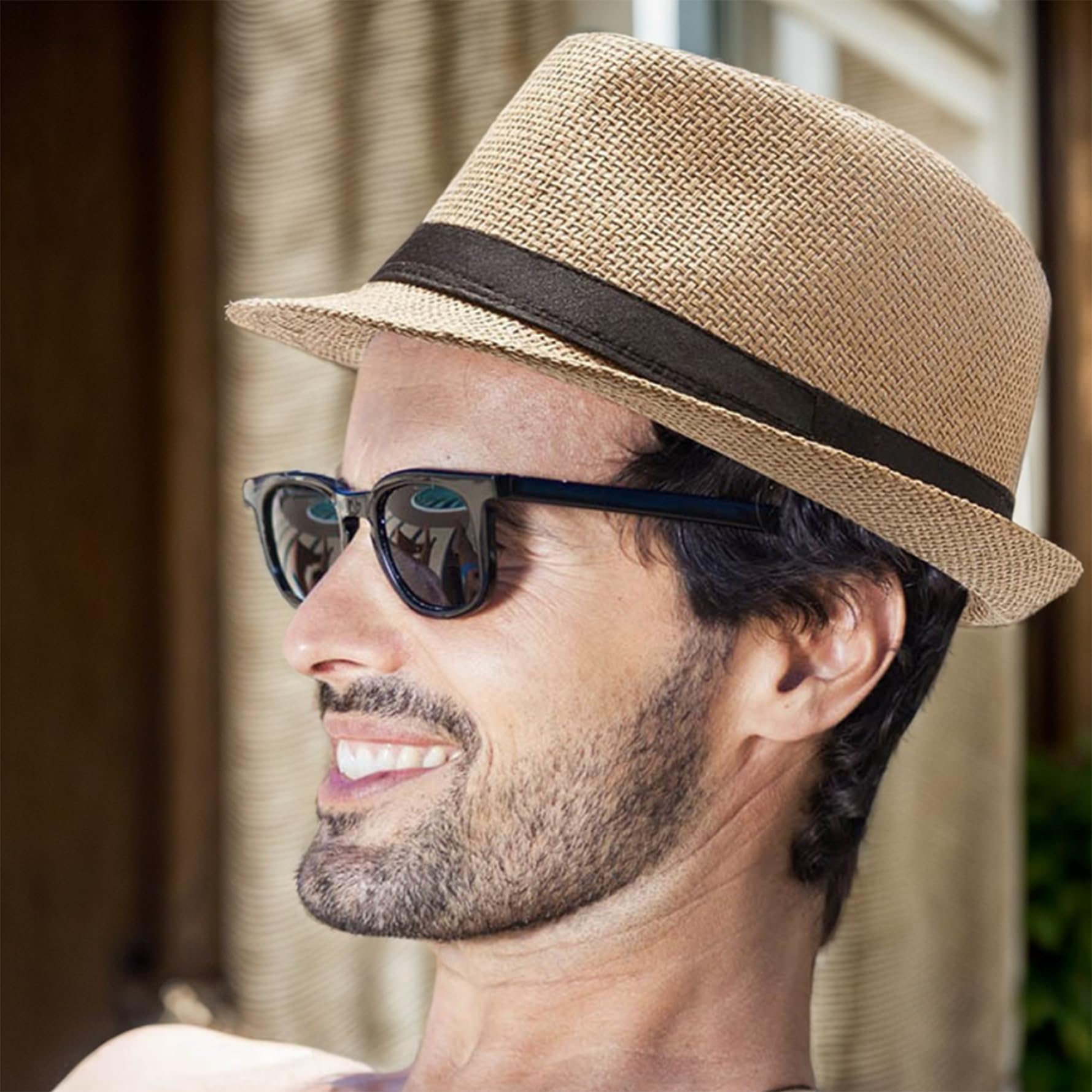 Cappello da Spiaggia in Paglia Cappello Panama da Uomo Fedora da Uomo con Protezione UV con Tesa arricciata Paglia Intrecciata Traspirante Cappelli da Sole Vintage per L'Estate