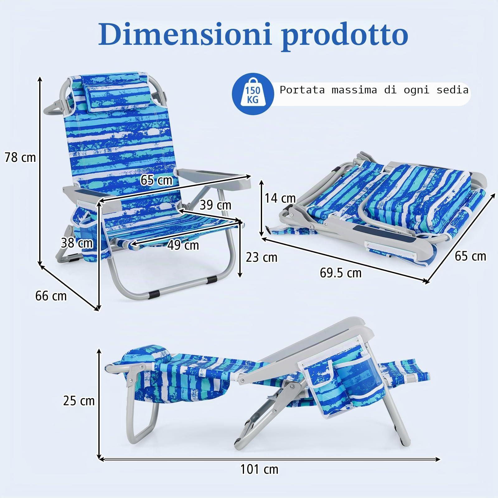 KOMFOTTEU Sedia da Spiaggia con Poggiatesta e Tasca Laterale，Strisce Blu：1 | Spiaggina Pieghevole con Schienale Regolabile in 5 Posizioni, Carico 150 kg, Lettino Prendisole da Mare, Campeggio, Pesca