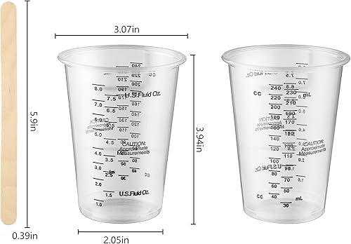 Miniatura 2 de 50 tazas de mezcla de resina epoxi, DQELFA tazas medidoras de pintura de plástico transparente de 8 onzas con 50 palitos de madera para revolver