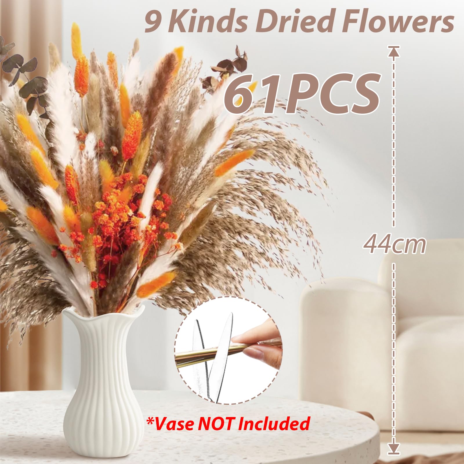 61 Pezzi Pampas Decorativi Naturale, Bouquet Fiori Secchi, Erba Essiccati Eucalipto Pianta per Rustico Boho Tavola Casa Matrimoni Decorazioni Autunnali