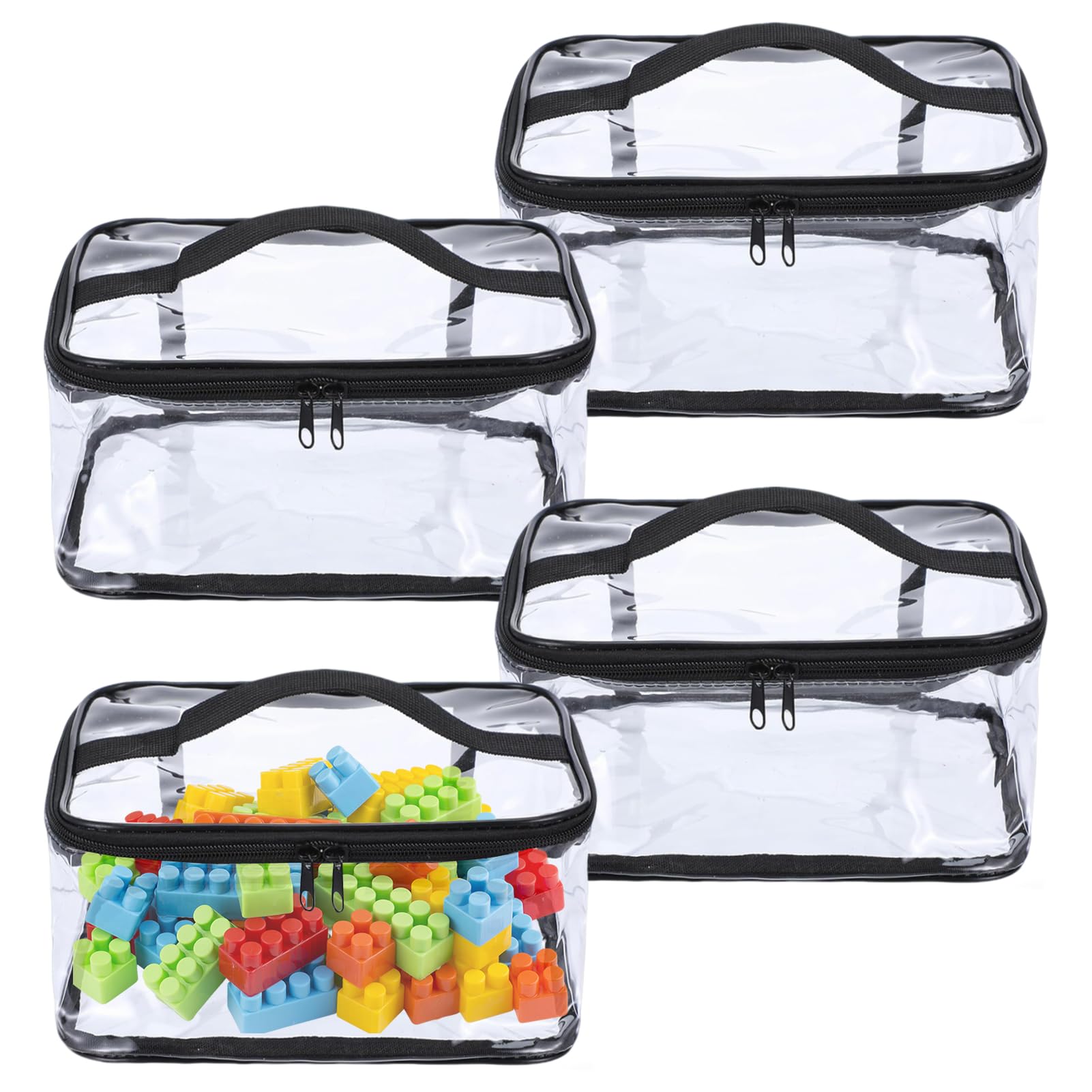 Hapforever 4 Packs Clear Toy Storage Bags with Zipper, 9.4 x 6.7 x 4.5 Inch Transparent PVC Toy Organizing Bags Waterproof Toy Storage Organizer Pouch for Board Games, Building Blocks (Black)
