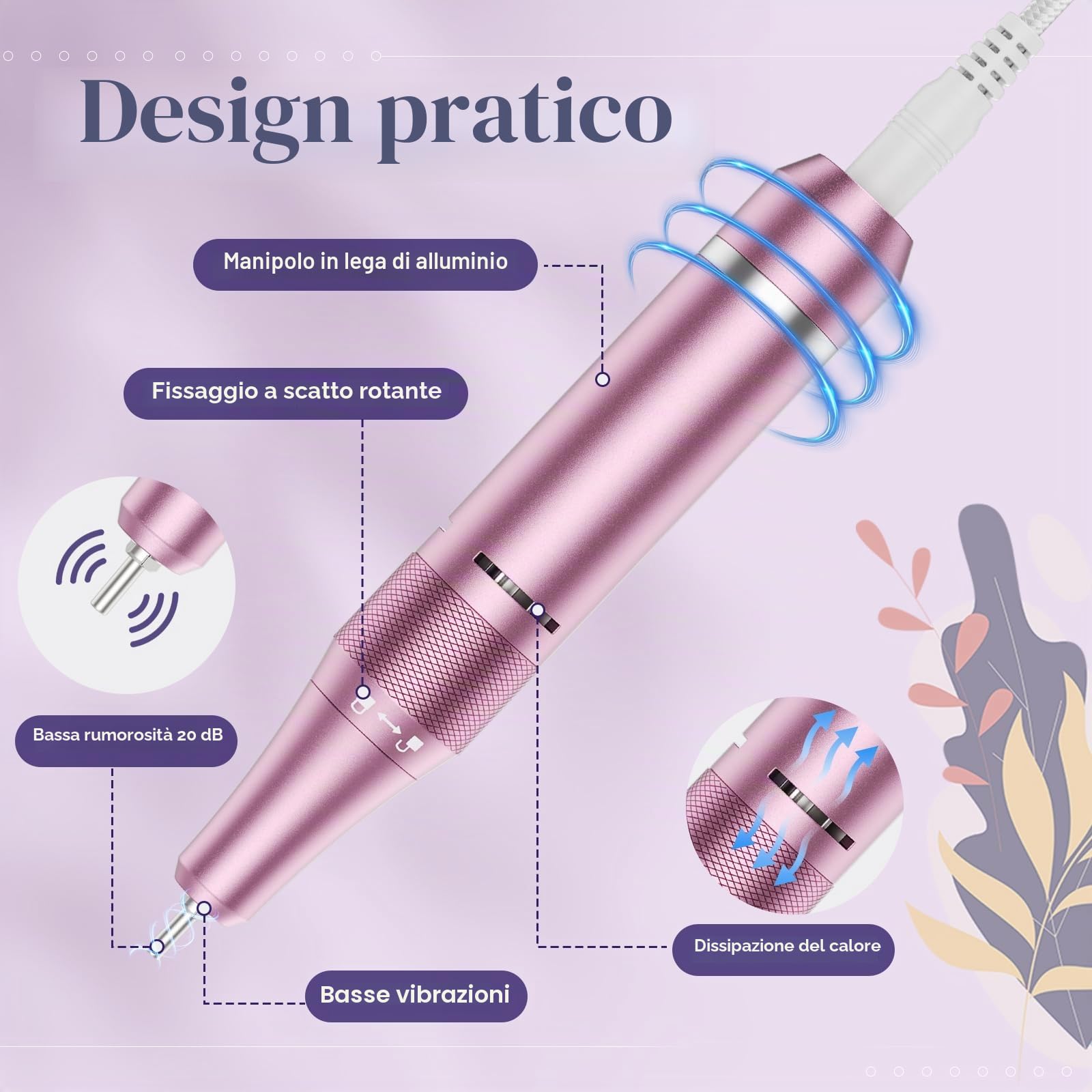 Fresa per Unghie Professionale 36000 RPM, 4000 mAh, Portatile Lima Elettrica per Unghie Con 12 Testine Di Levigatura, Display LCD Ricaricabile Batteria Design, Rotazione Bidirezionale (Rosa)