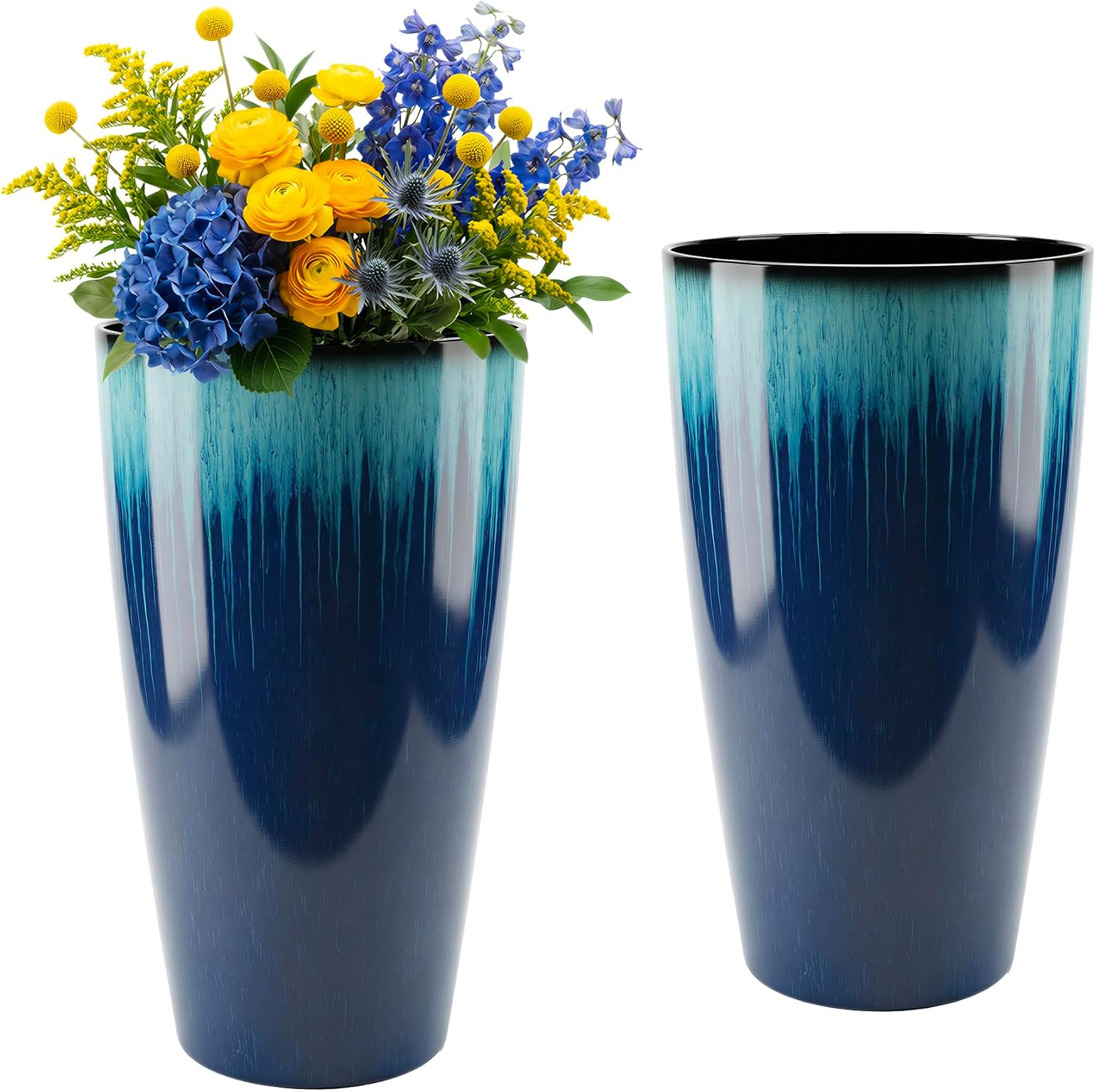21 inch Tall Planter, Set of 2 Tall Planters for Outdoor & Indoor Plants, Large Outdoor Planters for Front Porch, Patio, Garden (Orange Flowing Glaze)