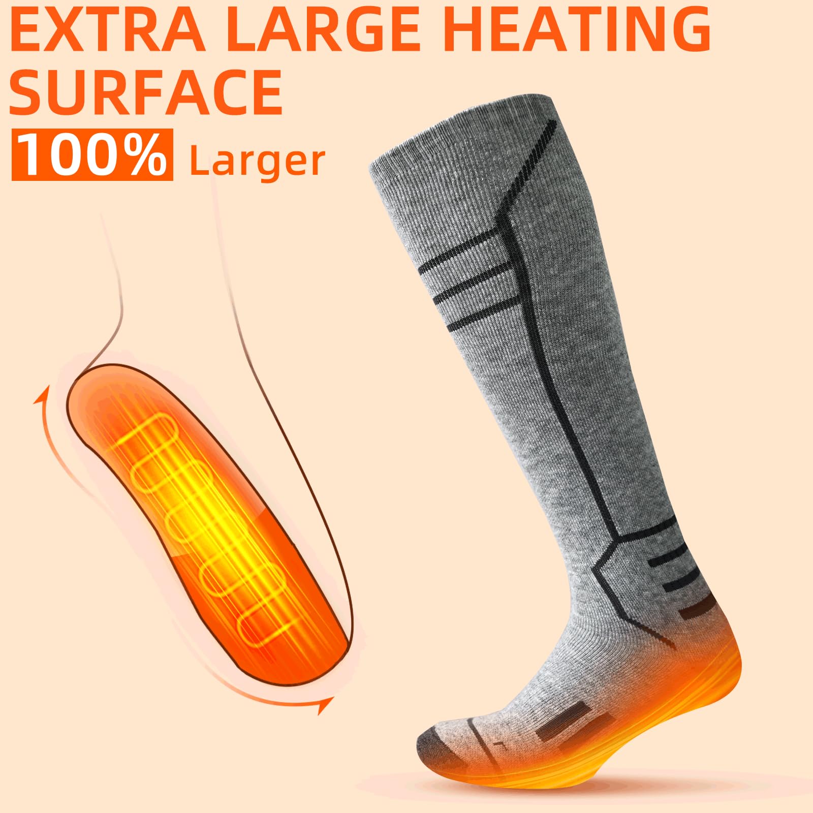 FREEHILL Merinowolle beheizte Socken für Männer Frauen, One-Click Control wiederaufladbare kaltes Wetter Knie-hohe Socken (Grau, L)