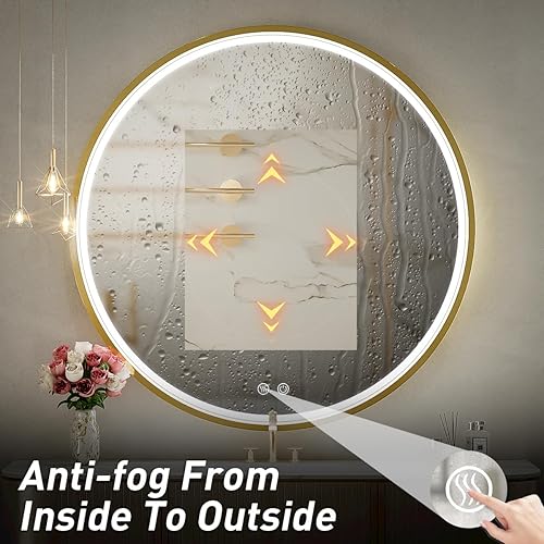 Miniatura 5 de Espejo LED redondo de baño de 32", espejo de tocador antiempañamiento regulable con control táctil, luz natural de 6000K, marco de metal dorado,
