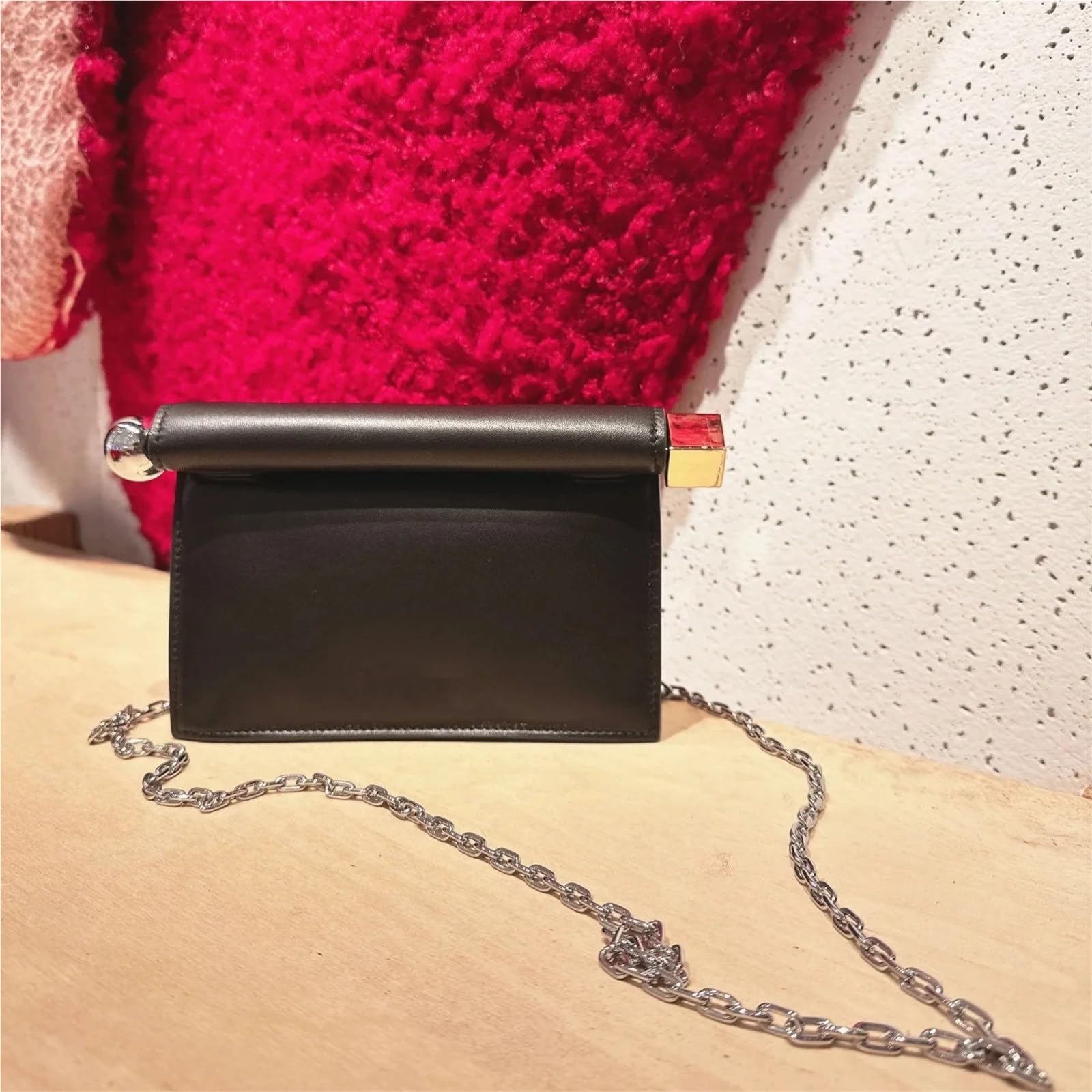 Pochette Da Donna Pieghevole In Pelle Con Bordo Arrotolato Sera Tracolla A Catena Per Donna(Black)