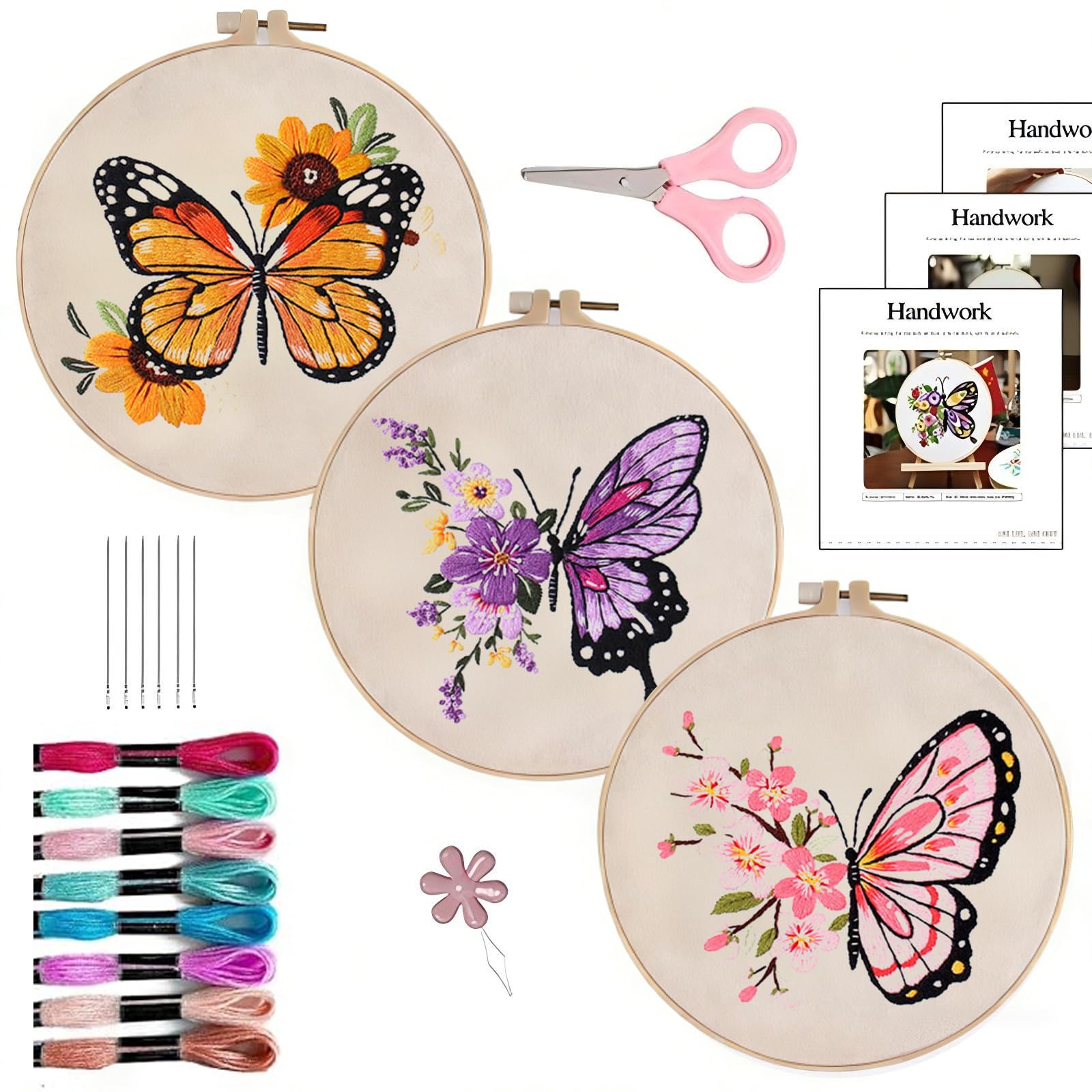 3 PCS Embroidery Starter Kit with Hoop & Tools DIY Cross Stitch Craft Set for Adults, Ideal Stitching & Sewing Gift, Includes cross stitch accessories, Perfect for Beginners (purple+blue+yellow)