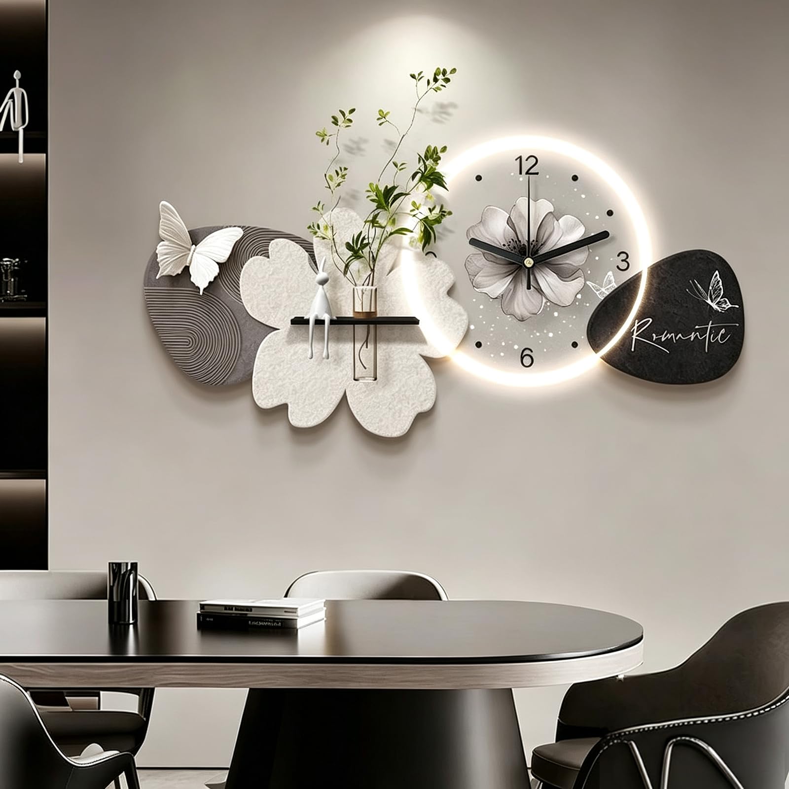 3D Wall Art Decor with LED Lights, Flower Butterfly Wall Clock with Plant Vase, Modern Sandstone LED Wall Decor for Living Room, Entryway,Dining Room Home Decor Black-B 23.6×47.2 in（60×120 cm ）