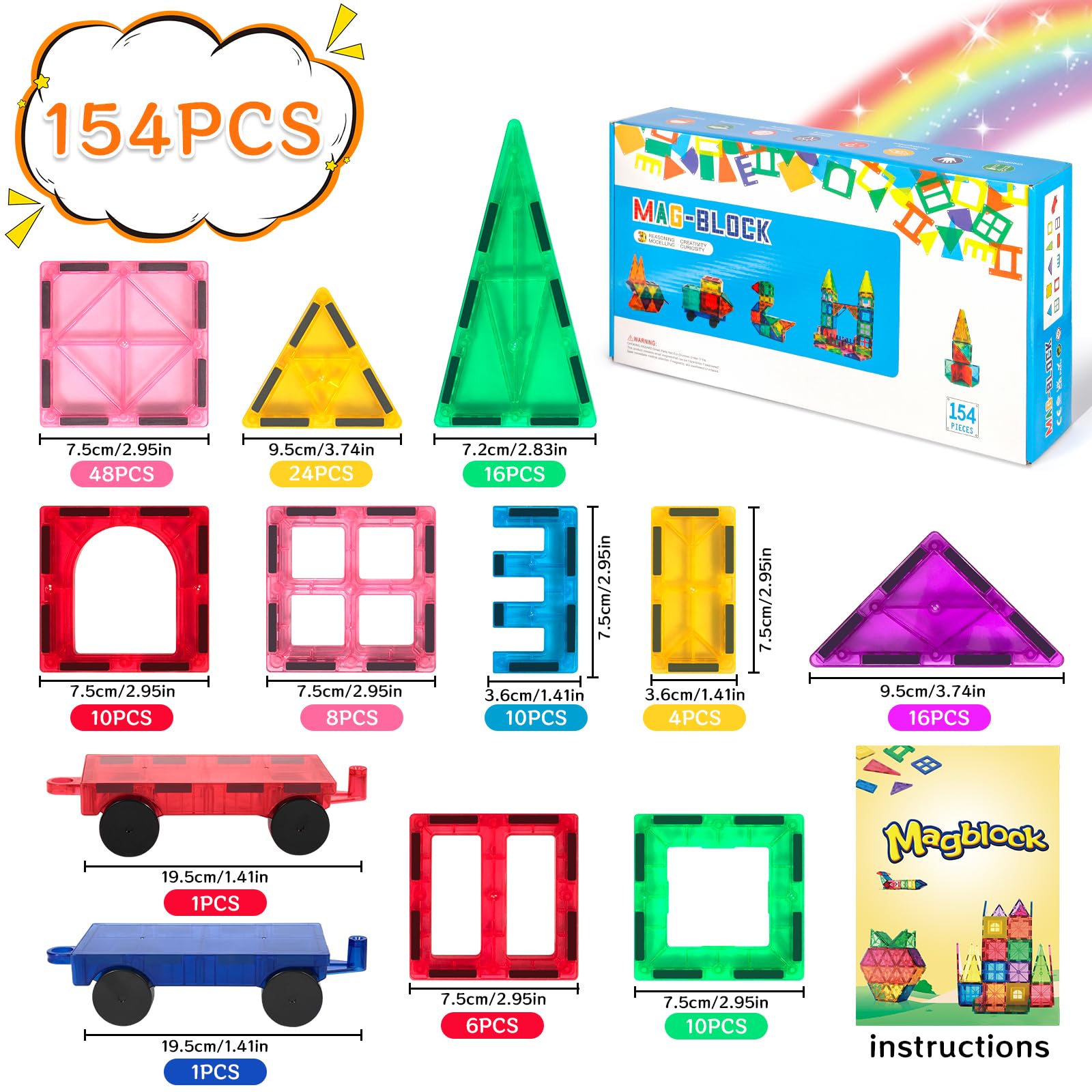 JUQG 154Pcs Bloques de Construcción Magnéticos, 3D Juguetes de Construcción Magnéticos, Juguetes Educativos de Bloques de Construcción, Regalo de Juguete Magnético para Más de 3 Niños y Niñas (154Pcs) - 2