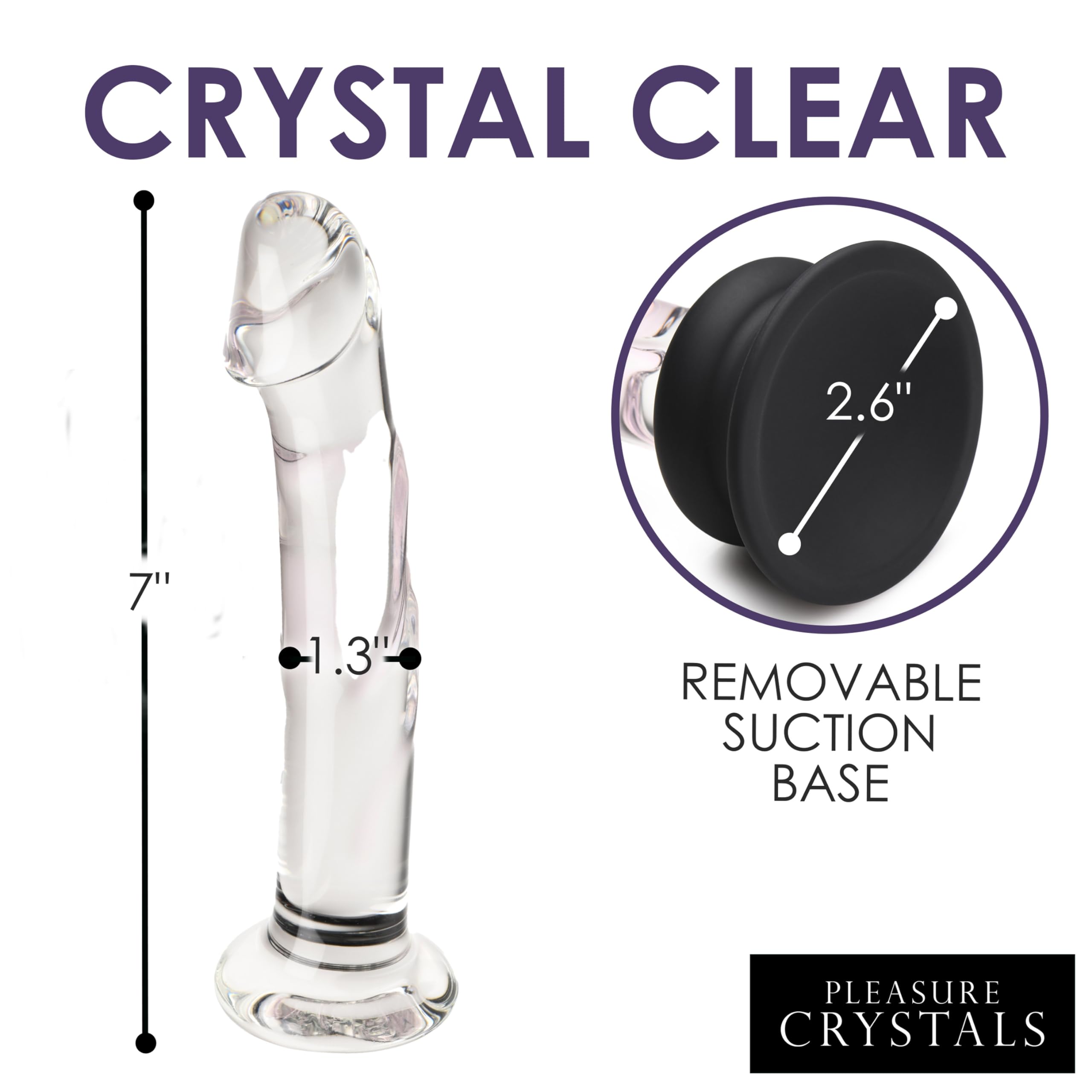 Pleasure Crystals 7" Glass Dildo with Silicone Base for Men, Women & Couples. Realistic Texture, Includes Removable Silicone Suction Cup, Ideal for Temperature Play. 2 Pieces, Clear.
