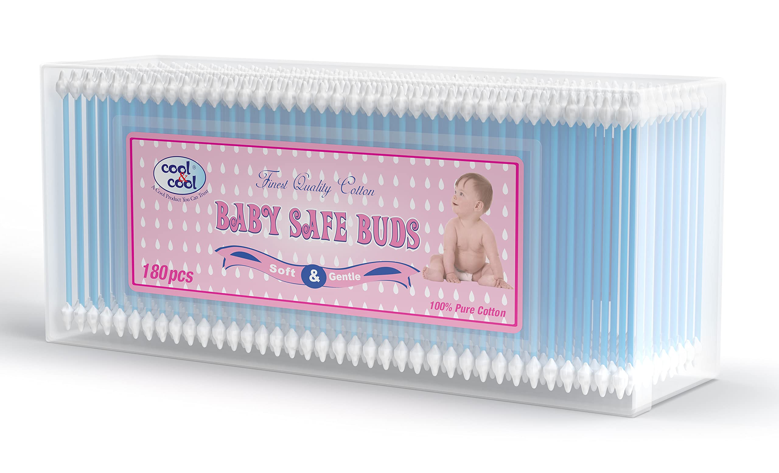 Cool & Cool Baby Cotton Buds - 180's - 100% Pure Cotton, Baby-Friendly, Gentle Cleaning,Ear Protection, Safe swabs for Delicate baby Ears