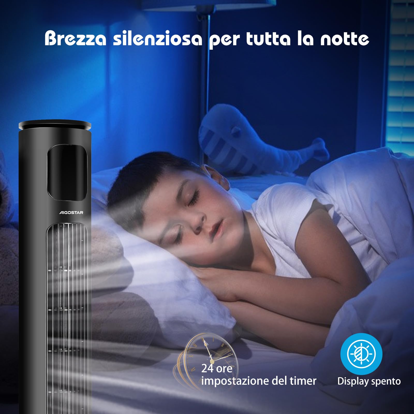 Aigostar Ross Smart - Ventilatore a torre Smart WiFi con telecomando, 102 cm, display LED, oscillazione 70°, 3 velocità 3 modalità, timer 24 ore, controllo APP, adatto per casa e ufficio