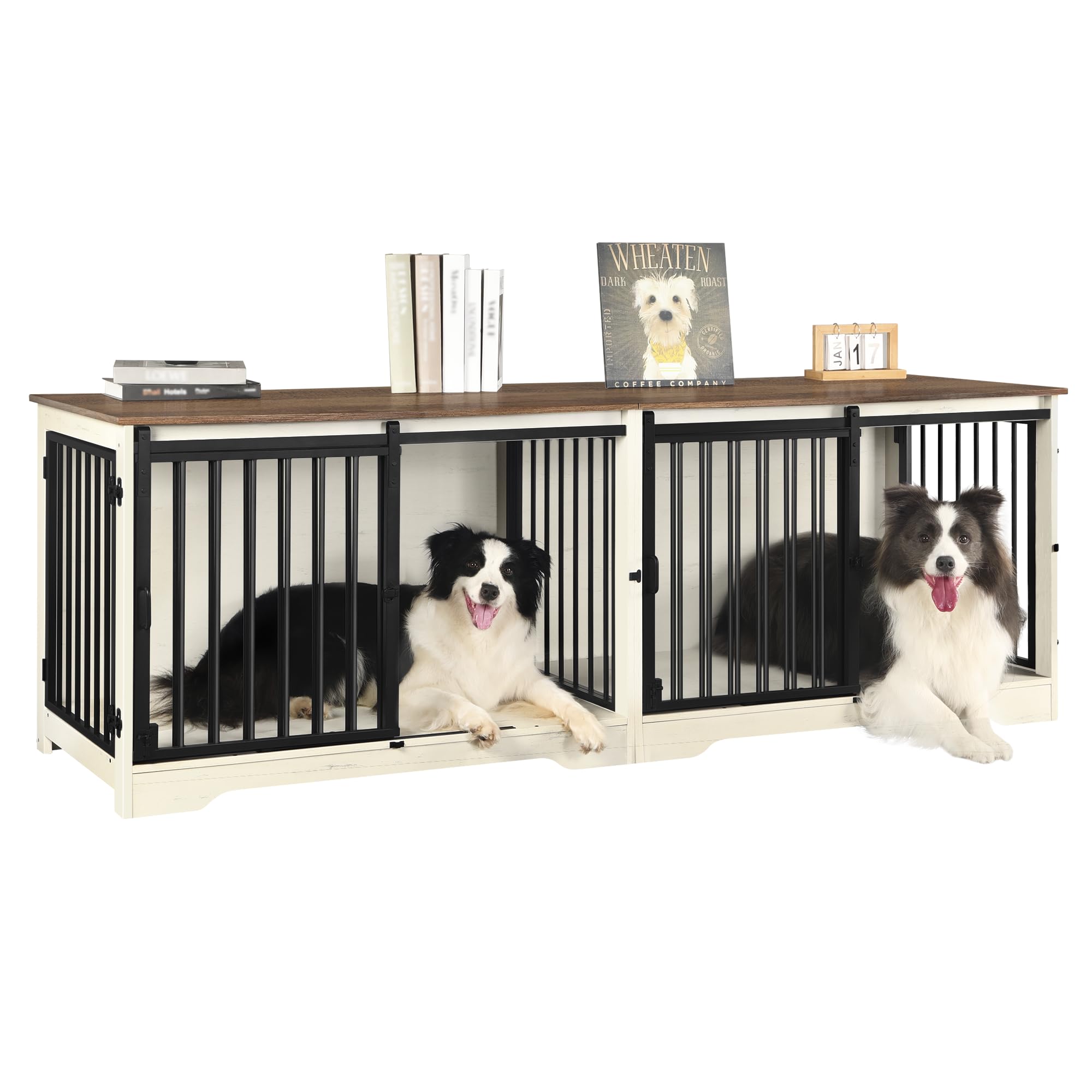 Hzuaneri Meuble pour Cage de 2 Chiens, Cage Double avec Séparateur, Niche en Bois, Cages avec Porte Coulissante, Design Meuble TV pour Chiens de Moyens et Grands Taille, Blanc et Marron DFC93714B