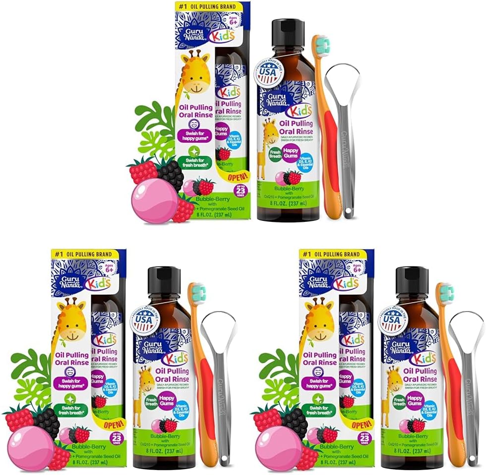 GuruNanda Kids Oil Pulling, Alcohol-Free Mouthwash, Essential Oils & Vitamins for Fresh Breath & Happy Gums for Ages 6 & up, Natural Bubble Berry, 8 Oz (Pack of 3)