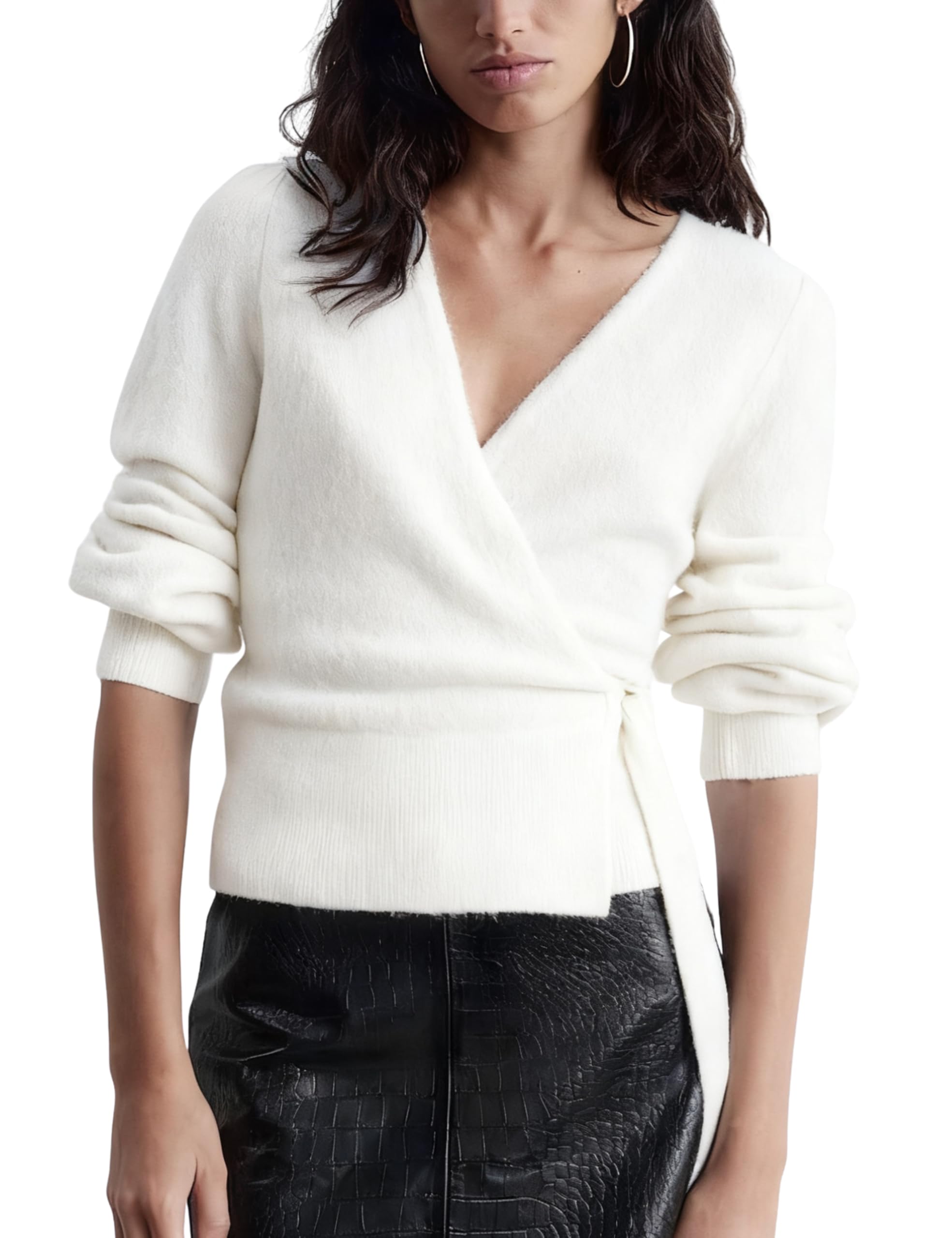 Huaqiao Womens Knit Wrap Cardigans V Neck Long Puff Sleeves Belted Waist Self Tie Casual Sweater Tops