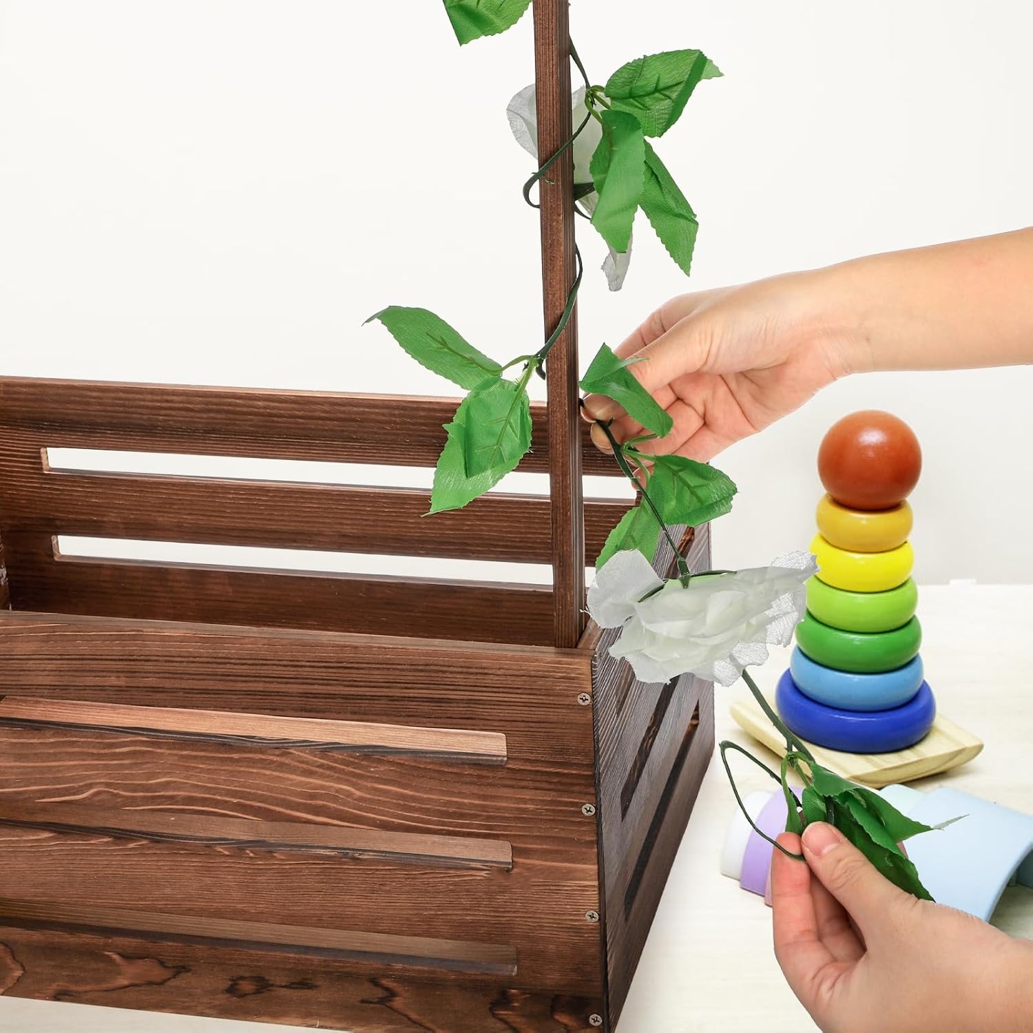 Baby Shower Crate Closet, Wooden Vintage Storage Crate with 5 Hangers 1 Artifical Garland, Large Welcome Gift Hamper Basket for Pregnancy Gifts New Parents